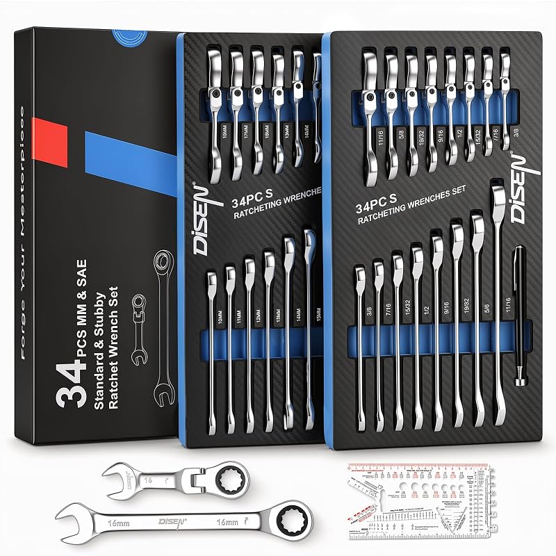 DISEN Kit de Chaves Combinadas com Catraca, Cabeça Fixa e Flexível, Metric/SAE, Aço Cromo-Vanádio, 34 peças