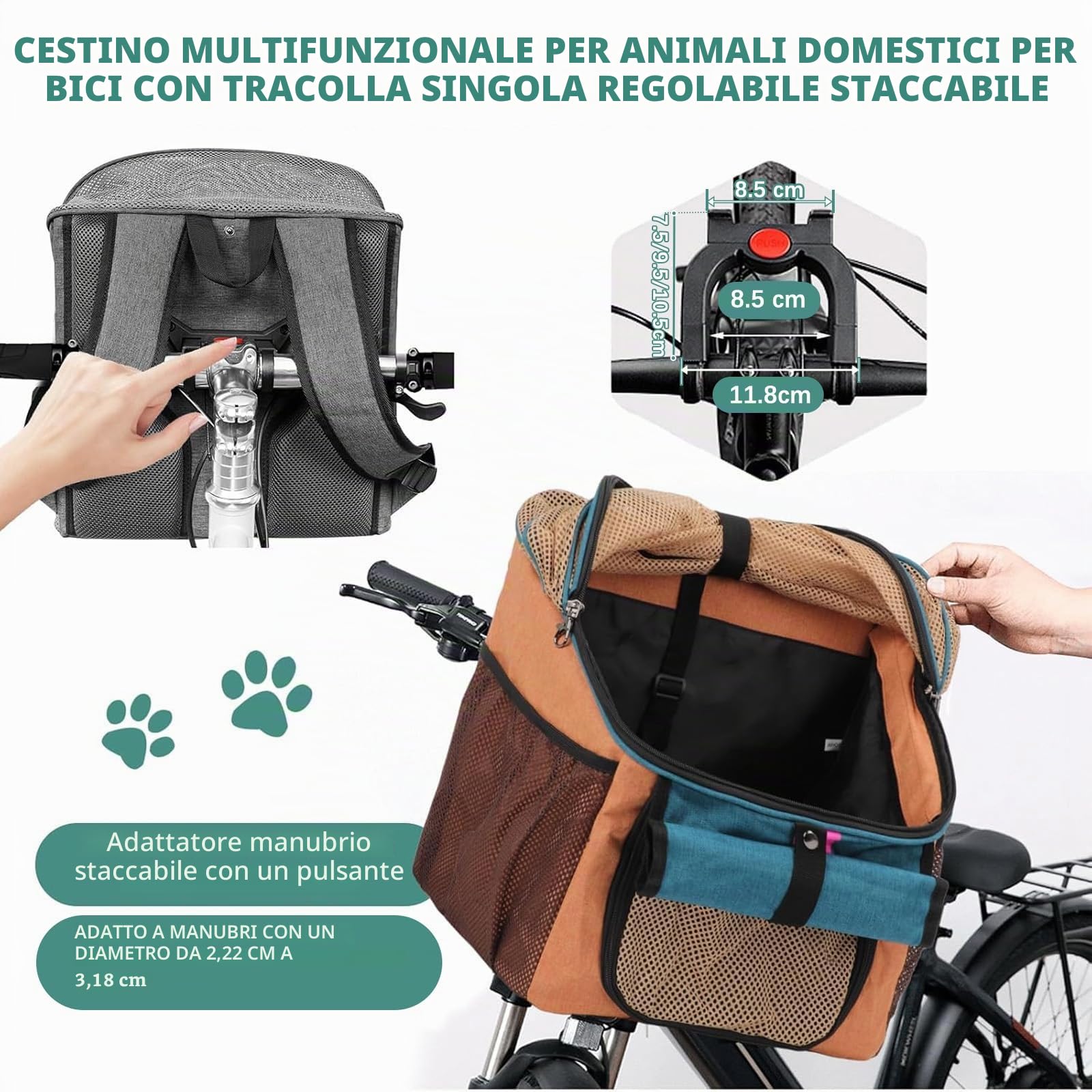 Cestino da bicicletta per animali domestici con adattatore manubrio cestino anteriore della bicicletta cestino anteriore pieghevole multiuso per manubrio staccabile borsa zaino per gatto cane con