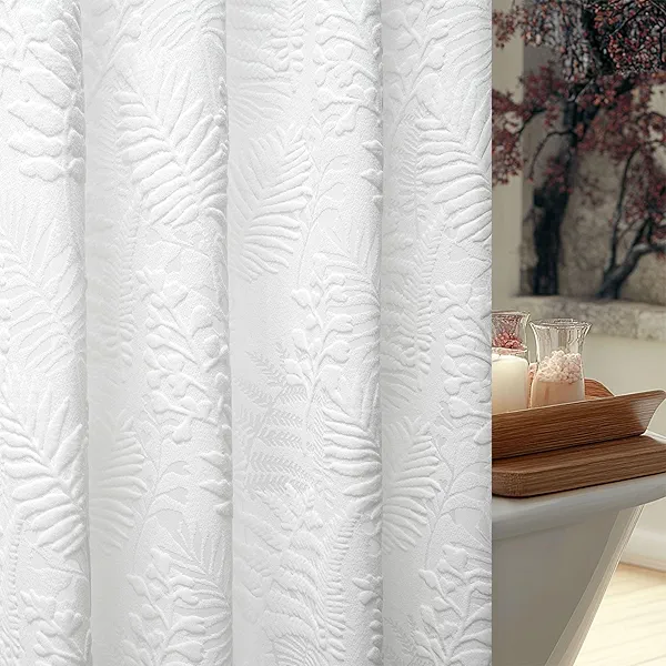 Lameirose White Shower Curtain Fabric, Shower Curtain Boho Tufted Tropical Plant Textured Shower Curtains, Shabby Chic Home Decor for Bathroom 72 x 72