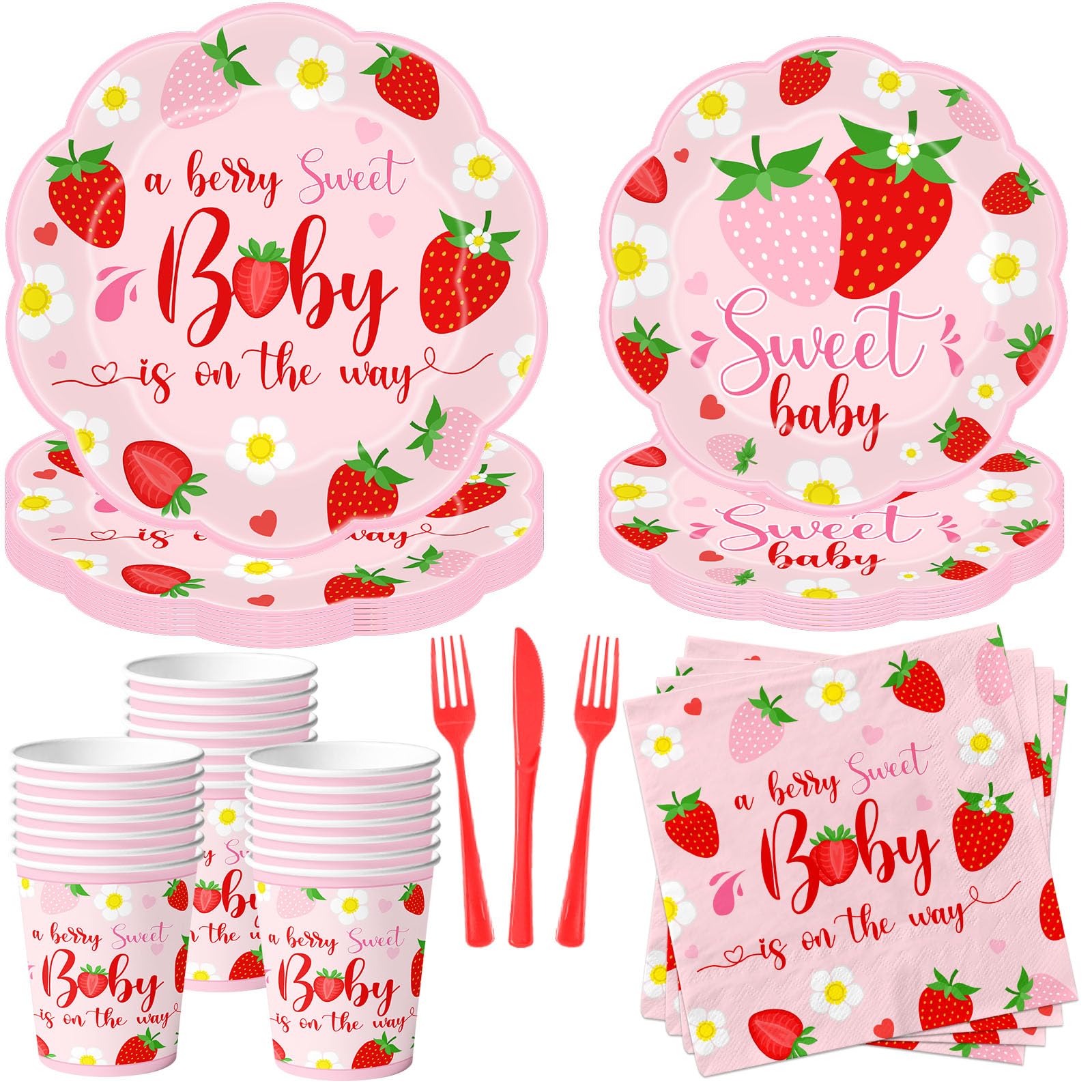Strawberry Baby Shower Decorations, 150Pcs A Berry Sweet Baby is on the Way Decorations Tableware Sweet Baby Strawberry Plates and Napkins Cups for