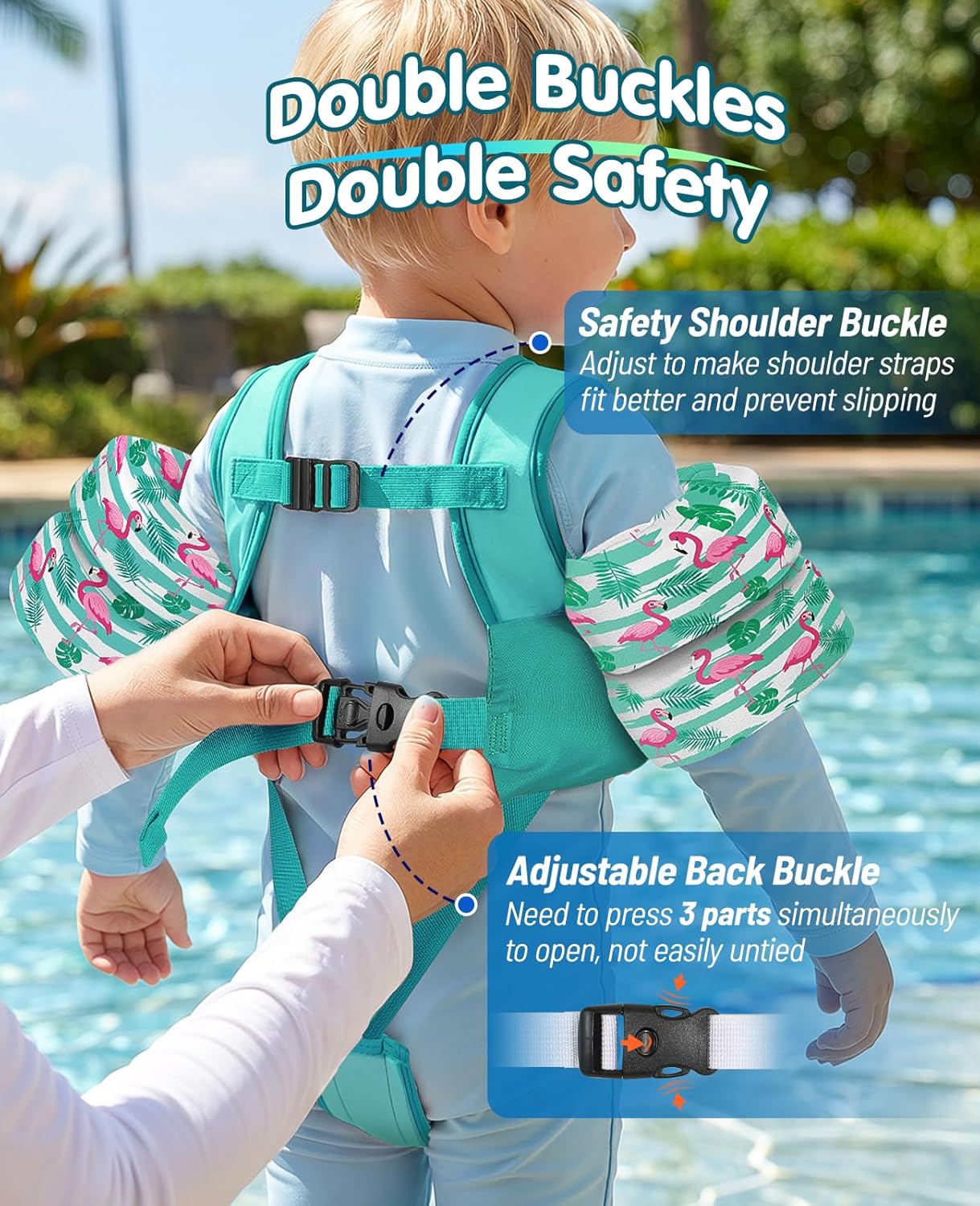HeySplash Toddler Swim Vest, Toddler Floaties Fit 13,2-33 Lbs, Puddle Kids Jumper with Adjustable Strap, Pool Float Jacket Arm Floaties Baby Floatie Water Wing Pool Sea Swim Aid, Blue-Striped Flamingo