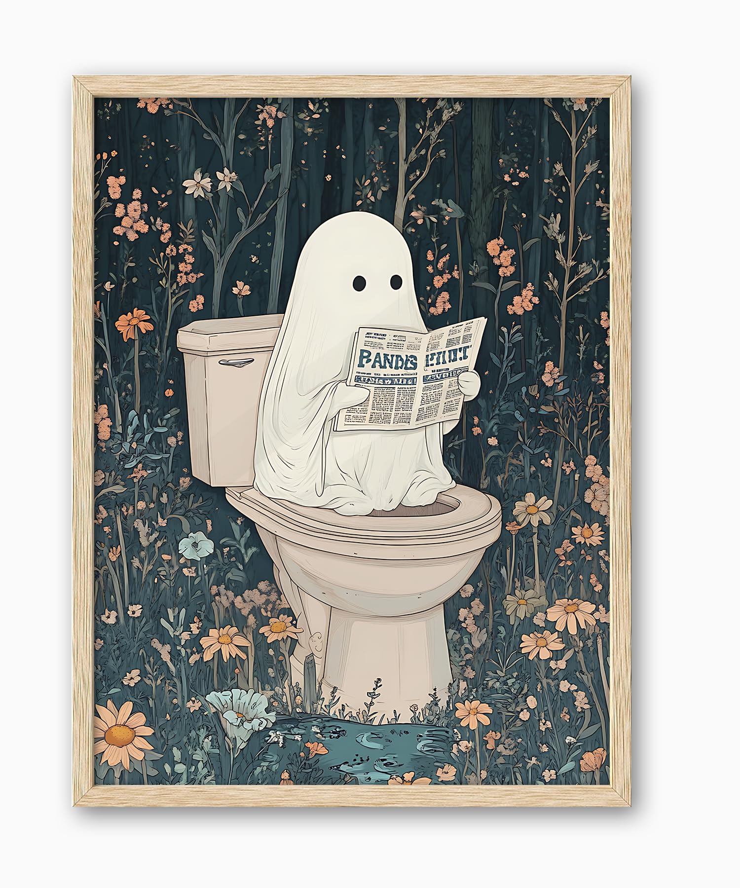 UPWOIGH Beige OAK Framed Ghost Wall Art- Halloween Wall Décor Prints  12" x 16" Halloween Posters Decor  Cute Ghost Decor  Aesthetic Pictures Wall Art for Bathroom Bedroom 1 Pack