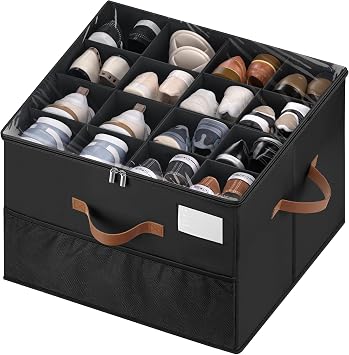 Shoe Organizer for Closet, 1 Pack Shoe Storage Container with Adjustable Dividers, Space Saving Shoe Box Storage Organizer Bin with Clear Lid and 4 Handles, Fits 8-16 Pairs, Pure Black