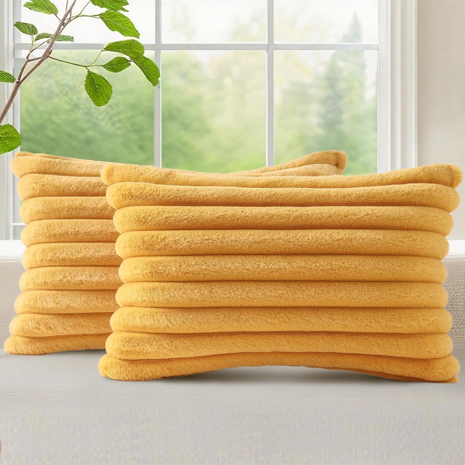 decorUhome Faux Fur Cushion Covers 30x50 cm Set of 2, Decorative Soft Plush Striped Neutral Pillow case 12X20 Inch with Velvet Back for Sofa, Bed, Living Room Home Decor, Mustard Yellow