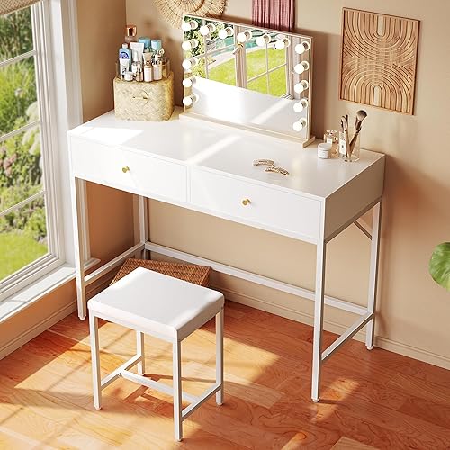 Miniatura 2 de SUPERJARE 35.4" White Desk with 2 Drawers, Modern Makeup Vanity with Padded Stool, Small Computer Desk Home Office Desk for Writing Study Bedroom