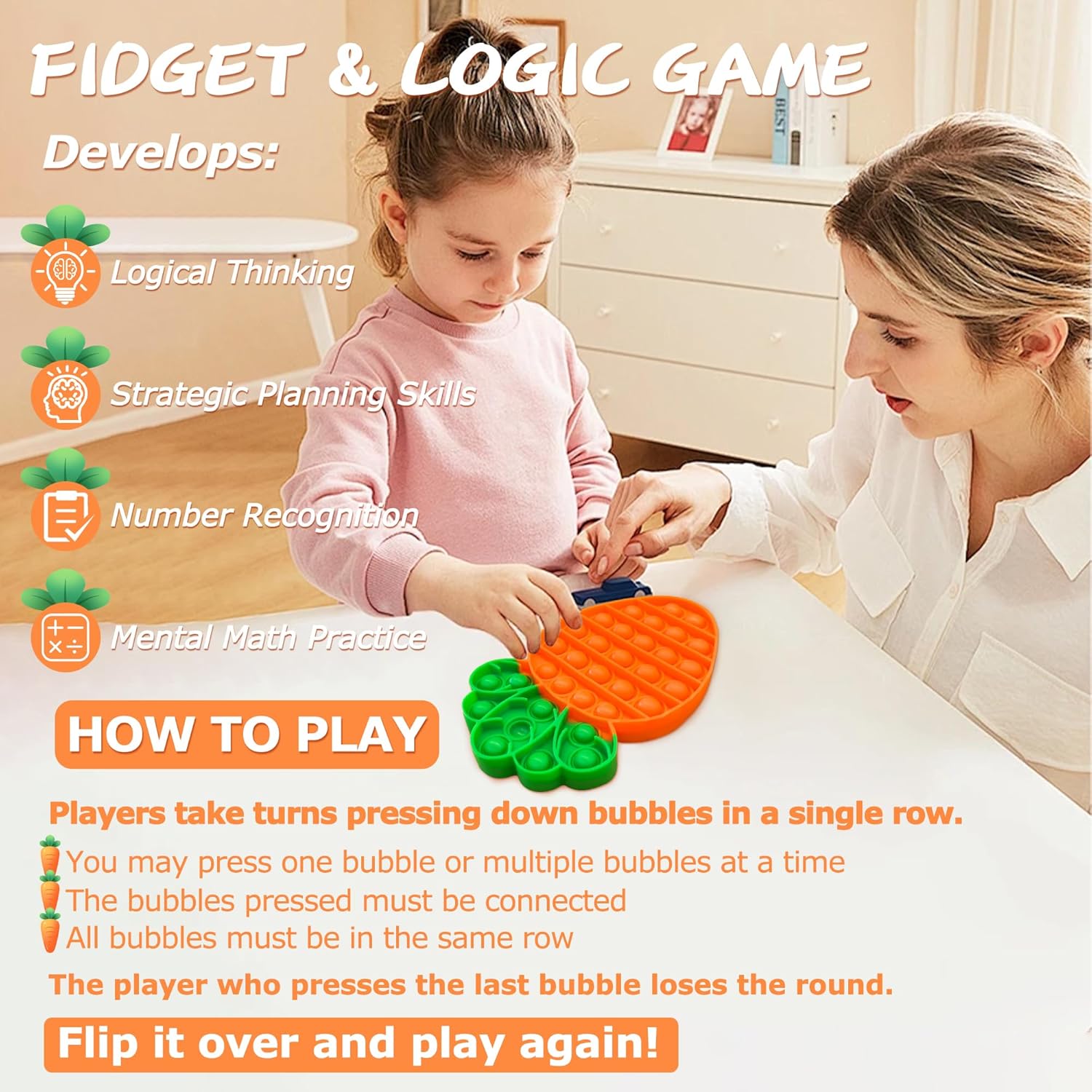 POP Fidget Toys Finger Push Bubble Fidget Sensory Toy Stress Anxiety Relief Simple Dimple Autism Special Squeeze Fun Silicone Gifts for Adult Kids (1, Carrot)