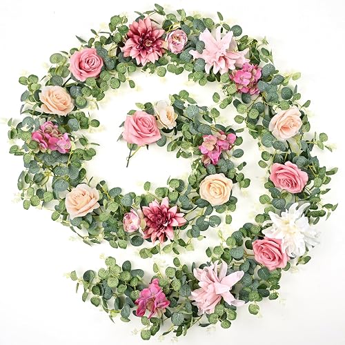 Waipfaru 8.85Ft Flower Garland, Eucalyptus Greenery Garland with Flowers, Pink