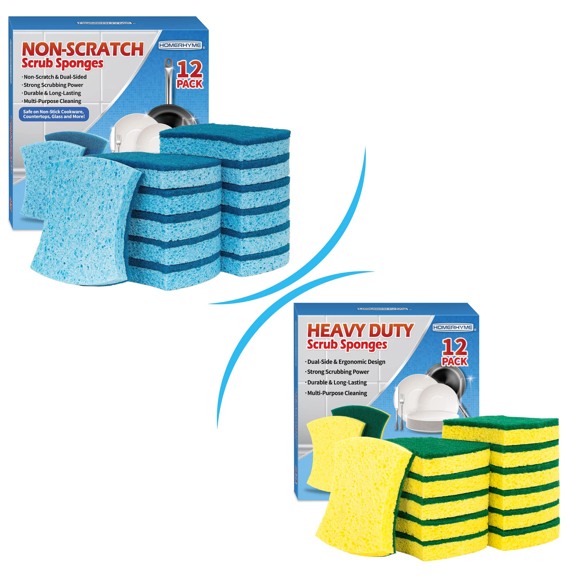 HOMERHYME Non-Scratch Cellulose Scrub Sponges 12 Pack, with HOMERHYME Heavy Duty Sponges, 12 Pack Cellulose Scrub Sponge