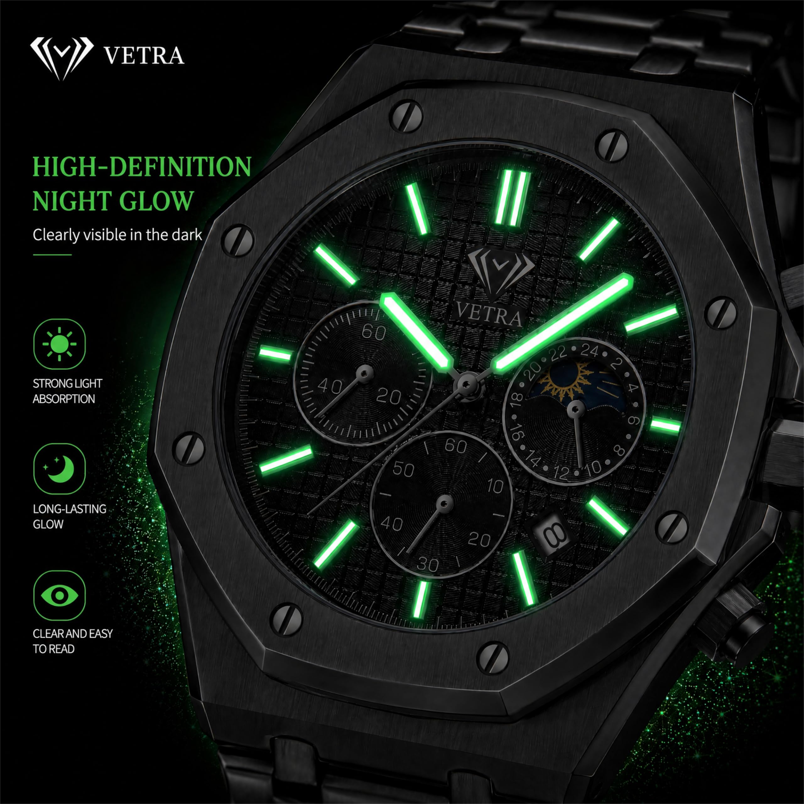 Vetra Orologi da uomo ottagonali di lusso multifunzione orologi per uomo analogico fasi lunari quadrante nero in acciaio inossidabile luminoso 30 m impermeabile data regalo per uomo Relojes para