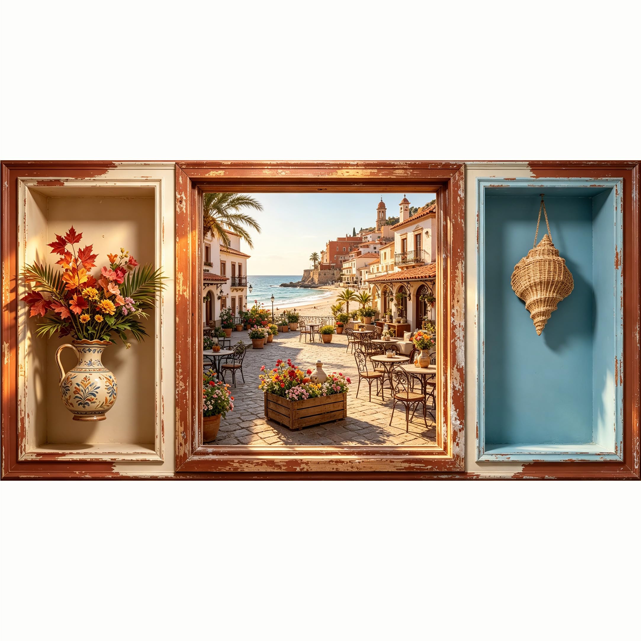 QZLITHOTIC 50x100cm 3D Framed Wall Art， Mediterranean Coastal Town Seaside Terrace View Self‑Adhesive Mural， Water‑Activated Peel & Stick Fabric Decor Wall Decal for Bedroom Living Room