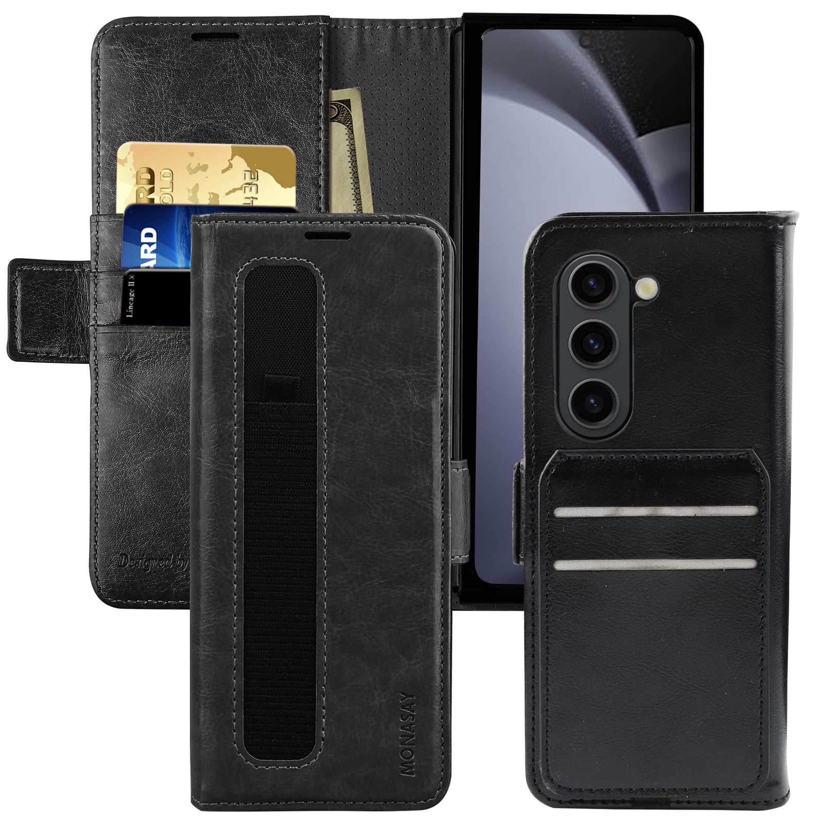 MONASAY Galaxy Z Fold 5 5G Wallet Case with S Pen Holder, Flip Folio Leather Cell Phone Cover with RFID Blocking Credit Card Holder for Samsung Galaxy Z Fold 5, Black