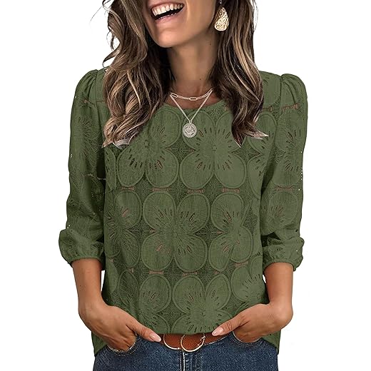 Sampeel Women Blouses Dressy Casual 3/4 Length Sleeve Tops Eyelet Lace Spring Summer Shirts Beach Vacation Clothes