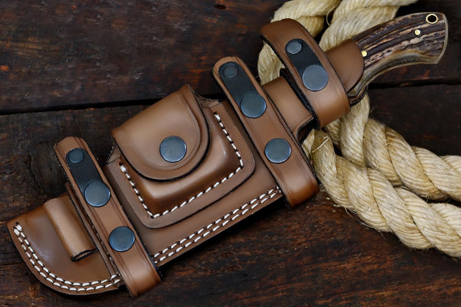 Ottoza Tracker Knife with Horizontal Carry Leather Sheath and Stag Horn Handle – Damascus Fixed Blade Hunting Knife for Survival and Outdoor Use 114 - Image 8