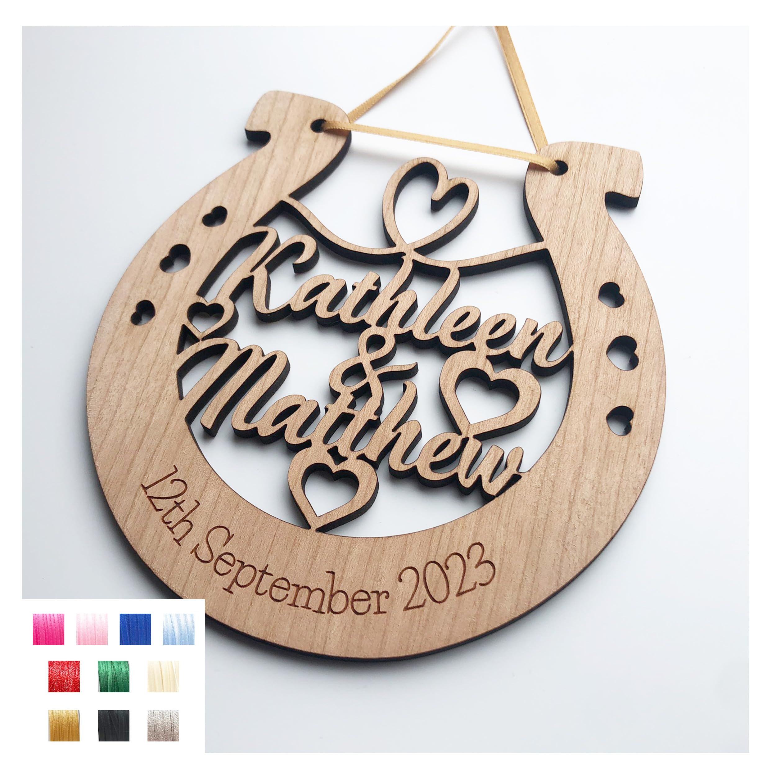 Lovethis** Cherry Personalised Wooden Wedding Lucky Horseshoe Plaque Gift For Bride And Groom (First Names)