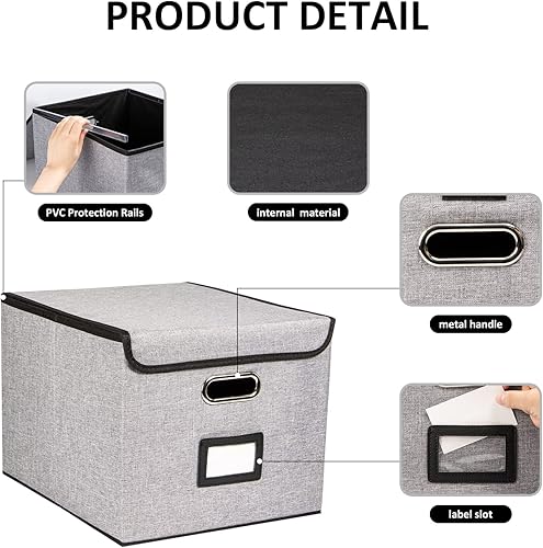 Miniatura 4 de TIANSE Caja de almacenamiento portátil de archivos con tapas, caja organizadora de archivos decorativa de lino plegable, almacenamiento para cartas,