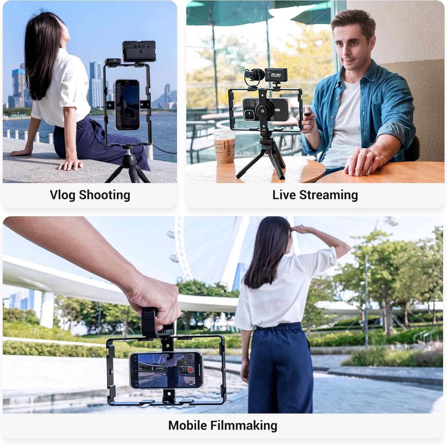 Collage of images showing the smartphone video cage rig being used for vlog shooting, live streaming, and mobile filmmaking in different environments.