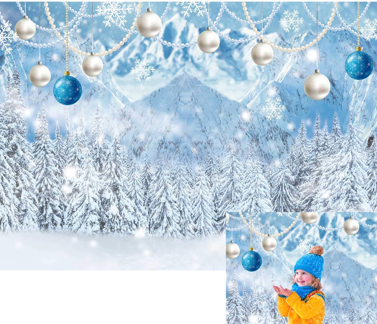 Allenjoy7x5ft Winter Wonderland Photography Backdrop Frozen Crystal Pearl Pendant Snow White Forest Mountain Landscape Background for Newborn Baby Shower Birthday Party Decor Banner Photo Booth Props