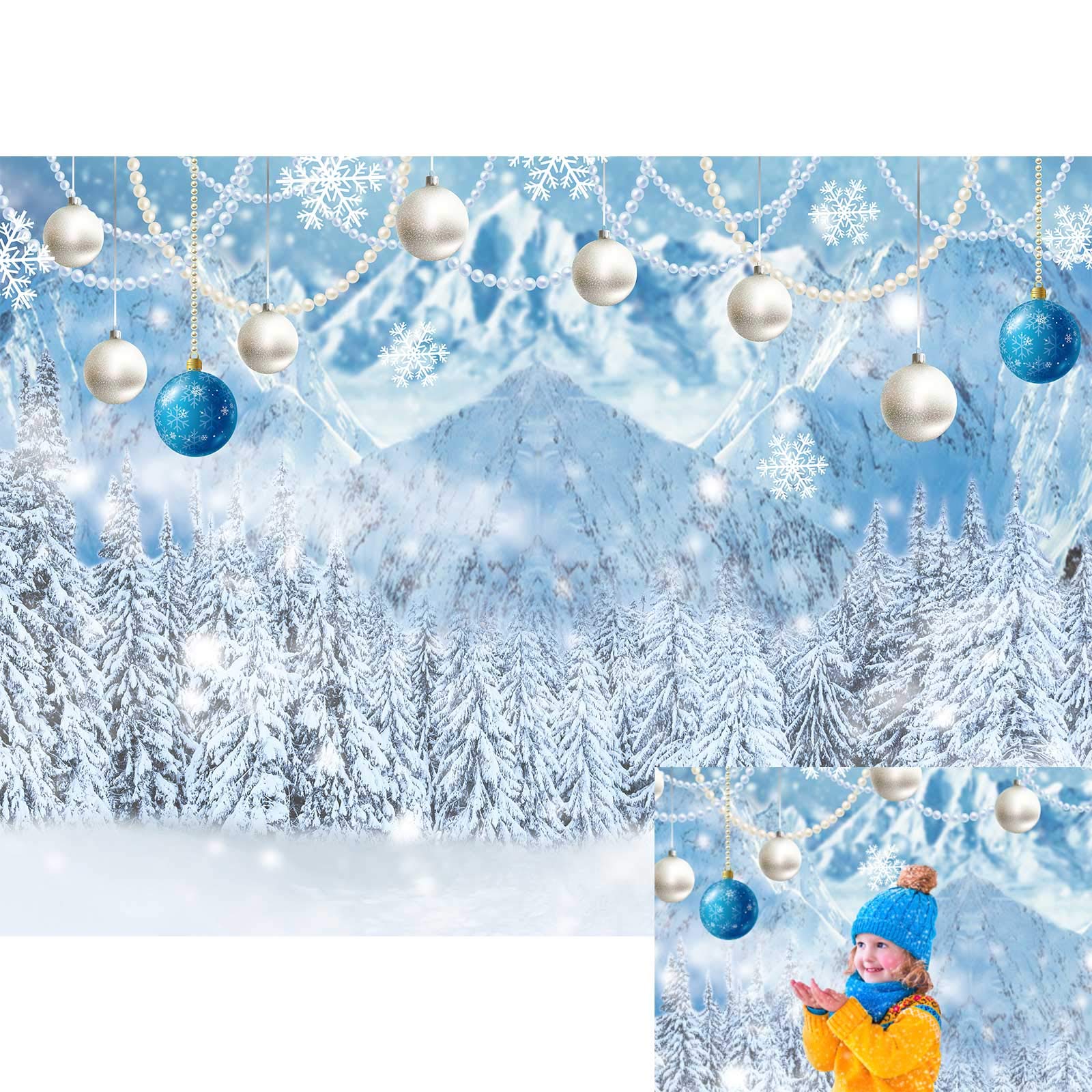 Allenjoy7x5ft Winter Wonderland Photography Backdrop Frozen Crystal Pearl Pendant Snow White Forest Mountain Landscape Background for Newborn Baby Shower Birthday Party Decor Banner Photo Booth Props