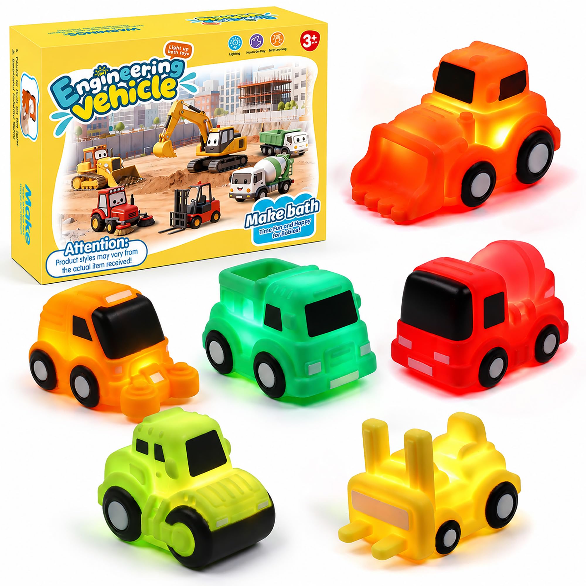 6 Pack Light Up Bath Toys LED Sensory Construction Toy Trucks for Toddlers