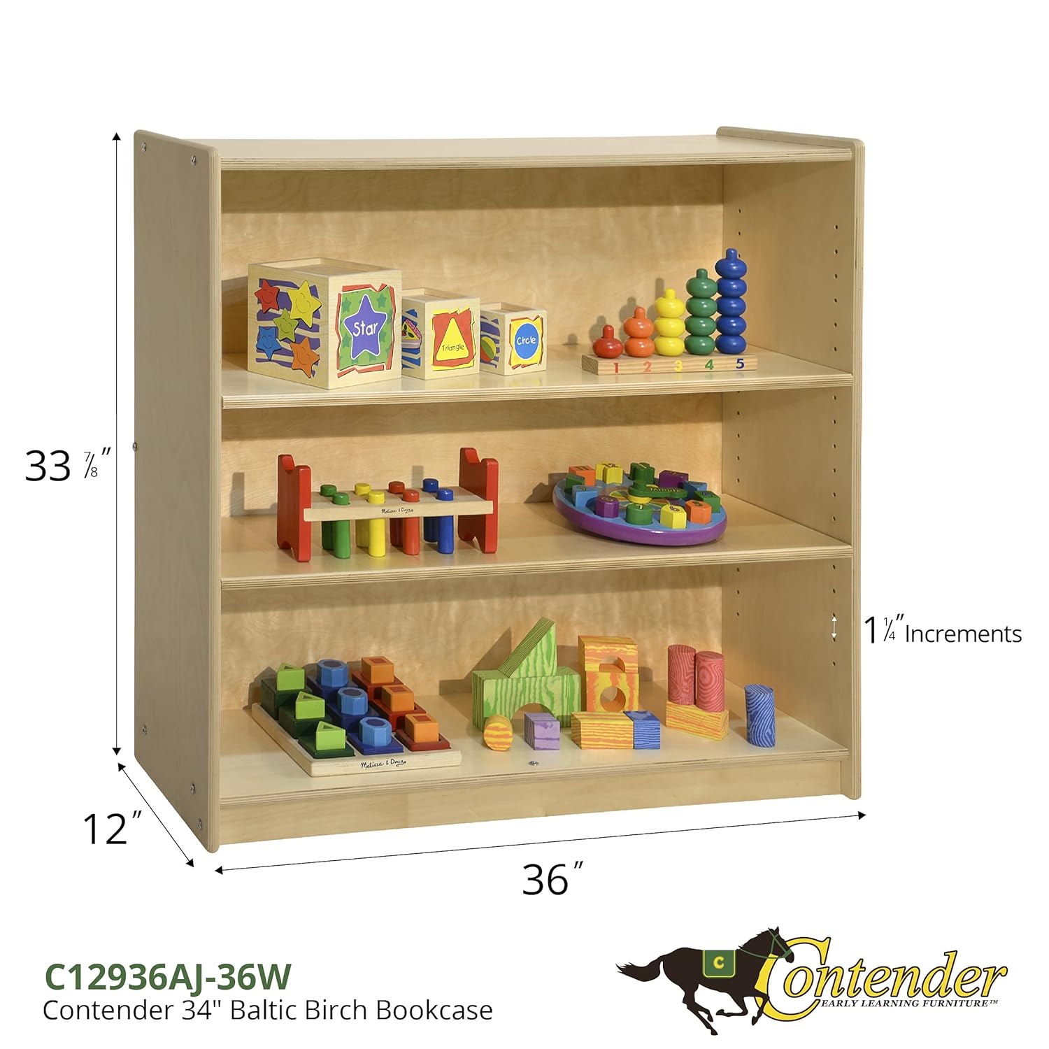 Contender 34"W Baltic Birch Bookcase with Two Adjustable Shelves |Montessori Bookshelve for Home, Office, Classroom, Daycare [ Greengaurd Gold Certified]