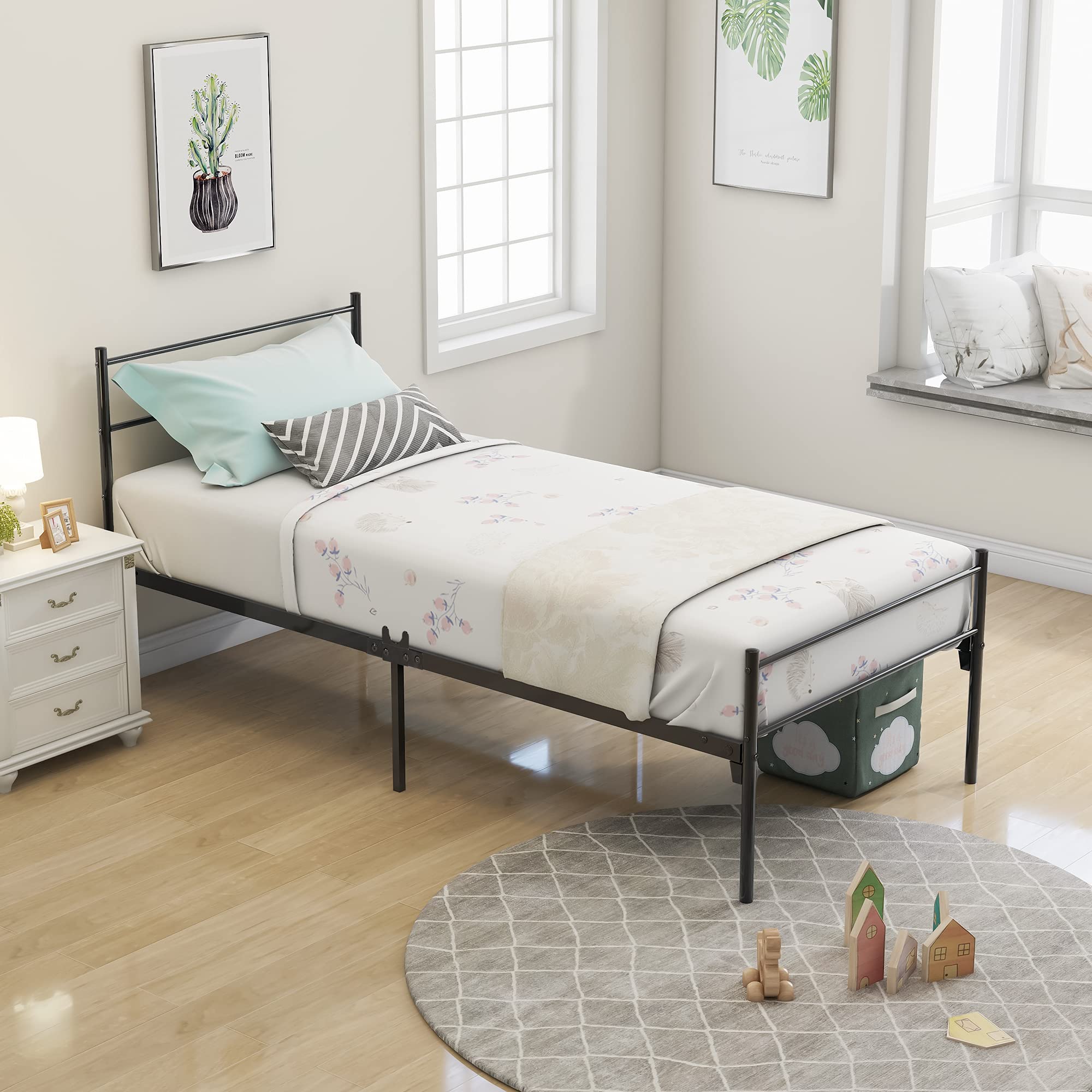 Modern Design 3ft Single Metal Bed Frame with Strong Headboard and Footboard for 90x190 Mattress, Black