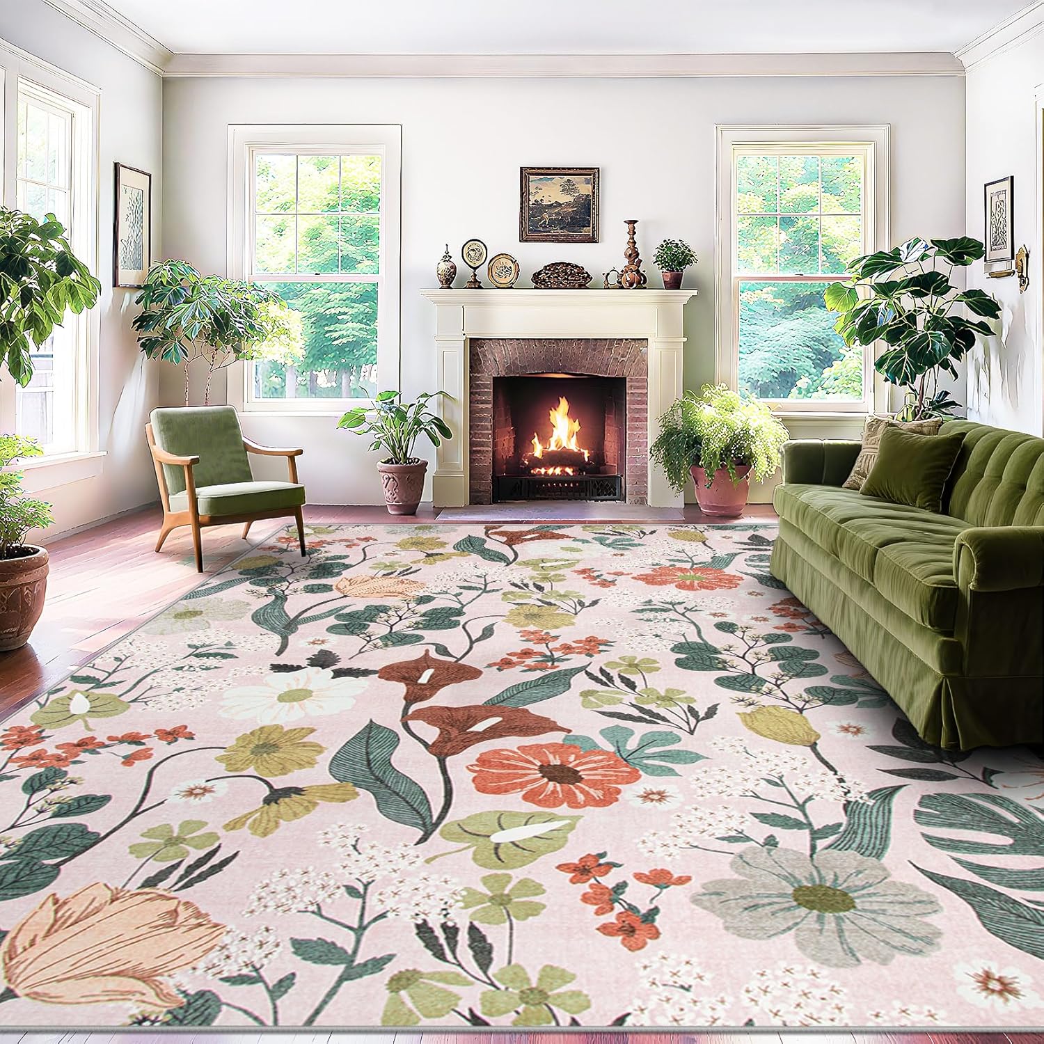 Area Rug Living Room Rugs: 6x9 Washable Rug Vintage Floral Soft Boho Non Slip Carpet Indoor Floor Non Shedding Low Pile Thin Carpets for Bedroom Dining Room Farmhouse Nursery Home Office Light Pink