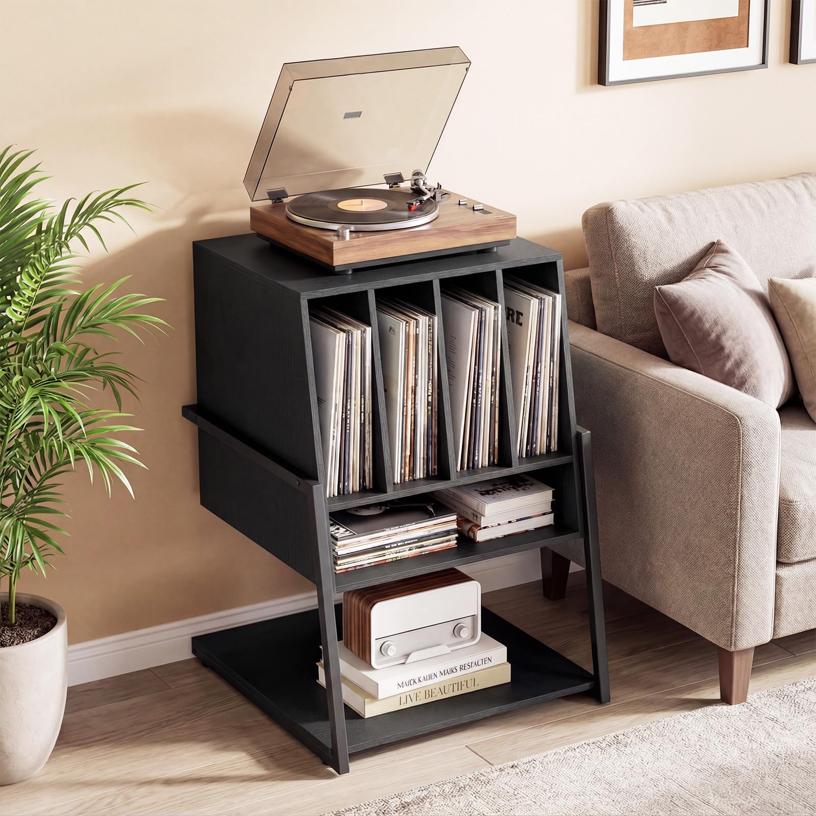 COSTWAY Plattenspielerständer, Vinyl Schallplattentisch mit breite Tischplatte, 4 Trennwänden & unteres Regal, Schallplattenständer Holz für Arbeitszimmer und Musikzimmer, 54 x 57 x 76,5 cm
