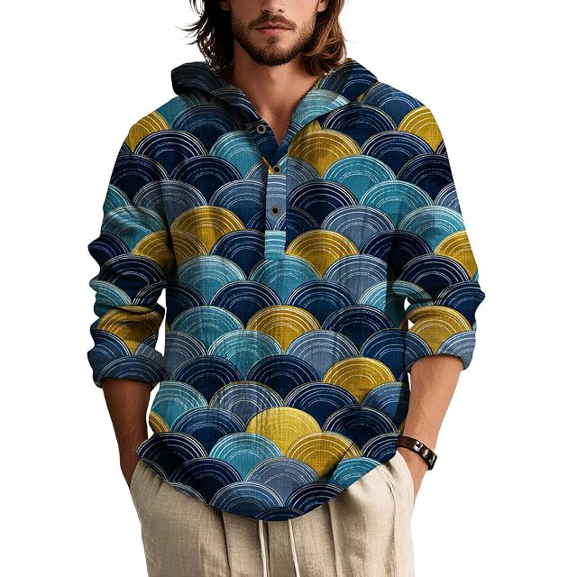 Mens Long Sleeve Button Down Shirt Japanese Art Print Relaxed Fit Casual Top Artistic Style Navy Black