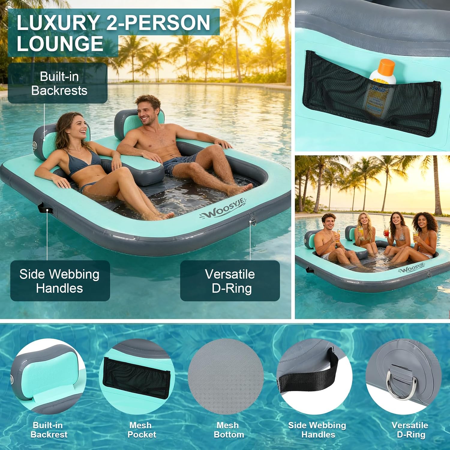 Inflatable Water Hammock Float,Tanning Pool Floats, Heavy Duty Drop-Stitch Floating Dock with Mesh Center, Stainless Steel D-Rings, Includes Pump