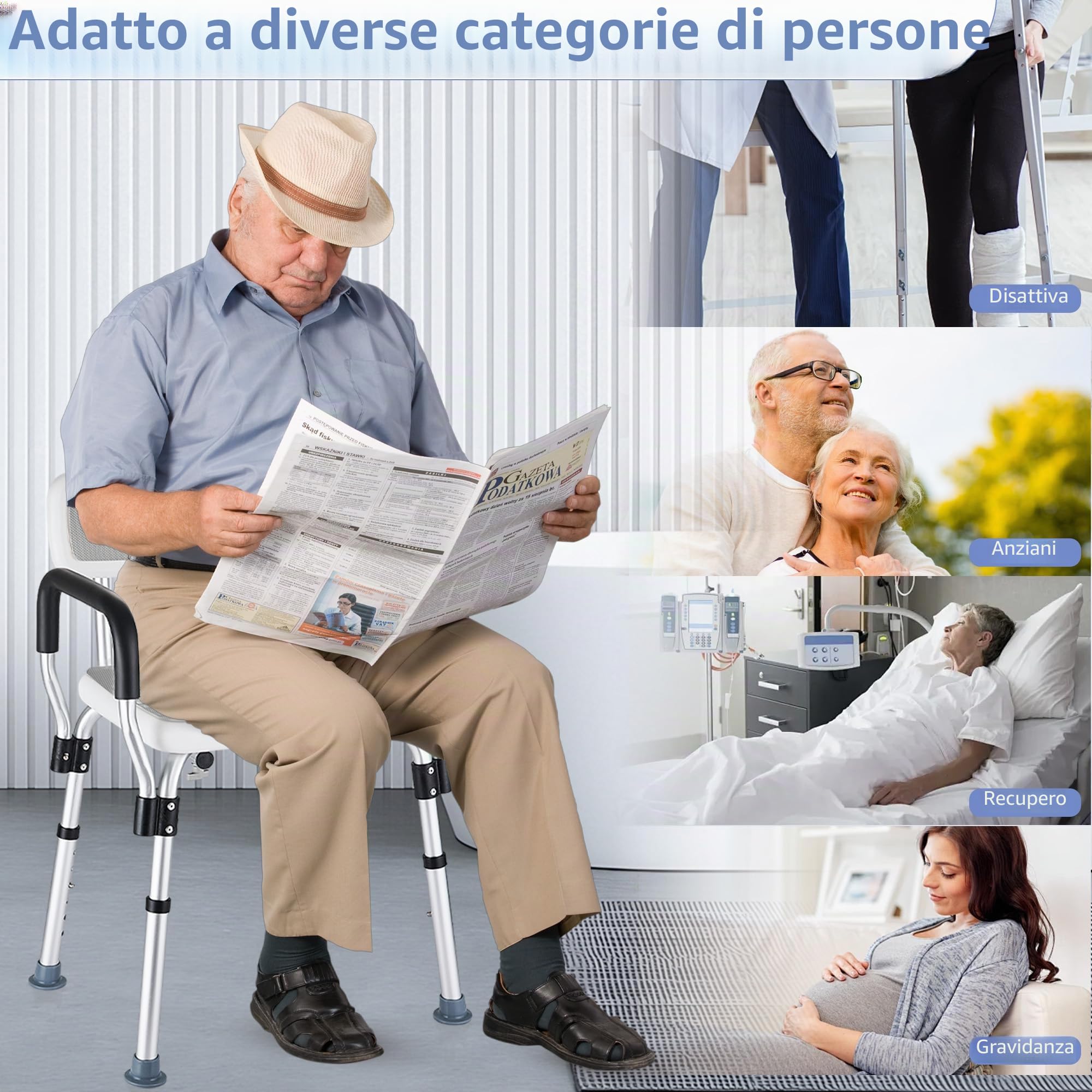 Sedia per Doccia per Anziani e Disabili, Sgabello Doccia con Braccioli e Schienale Rimovibile, Sedile per Vasca da Bagno Antiscivolo Regolabile in Altezza, portata fino a 150 Kg