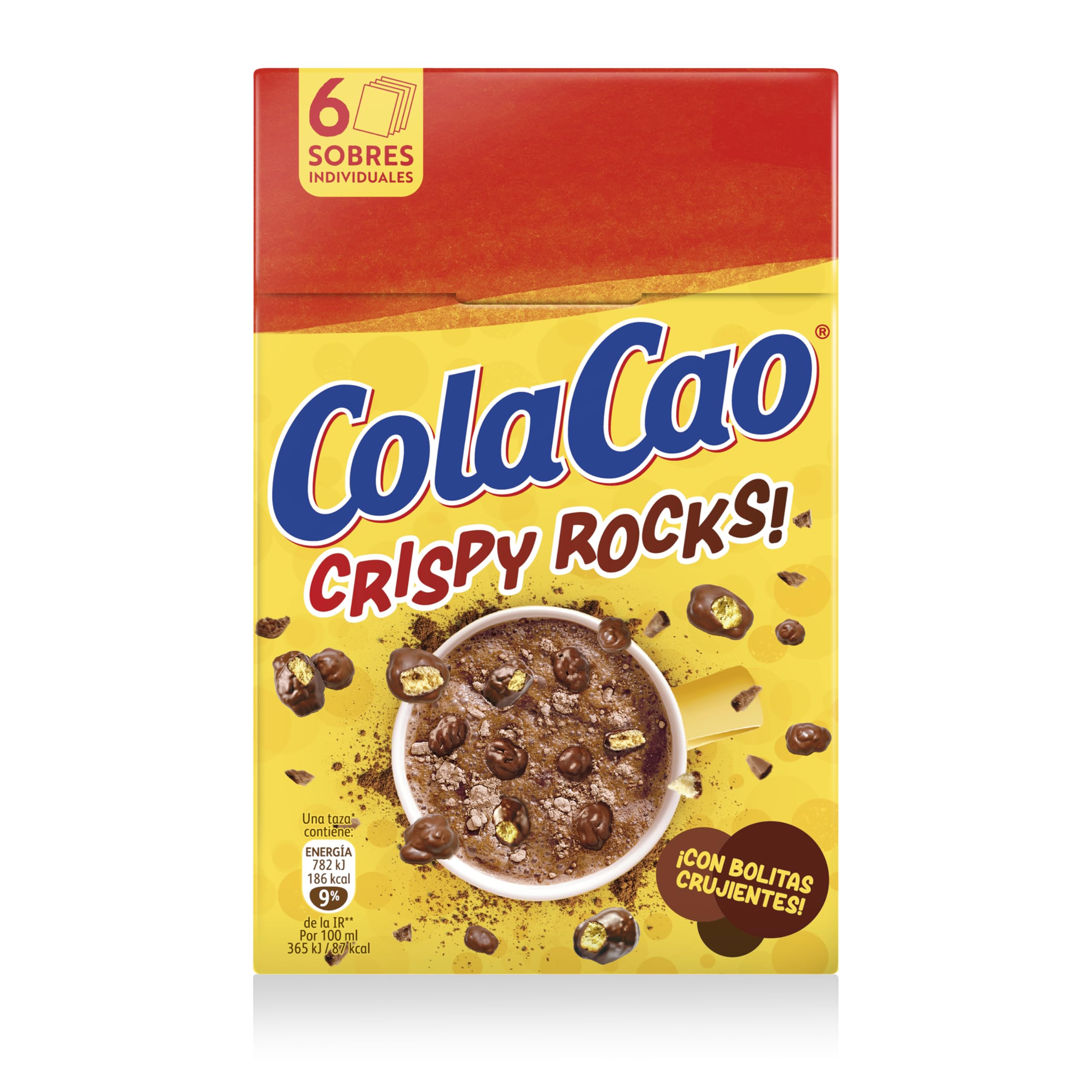 ColaCao Crispy Rocks, Cacao con Bolitas de Galleta Crujientes Recubiertas de Chocolate, 6 Sobres Individuales, 132 g
