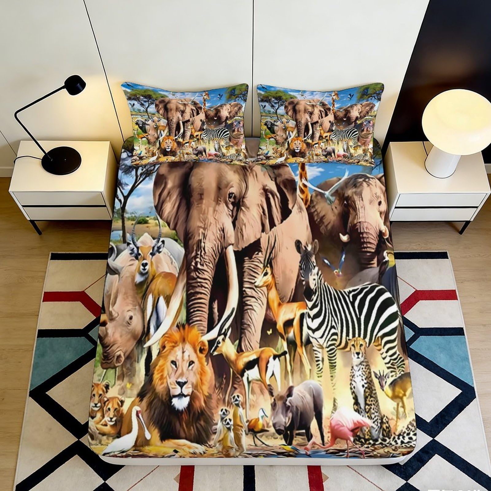 3D Printed African Wildlife Safari Fitted Sheet Microfiber Soft Bed Cover Jungle Animals Mattress Protector Bedroom Decor 120x200x25cm