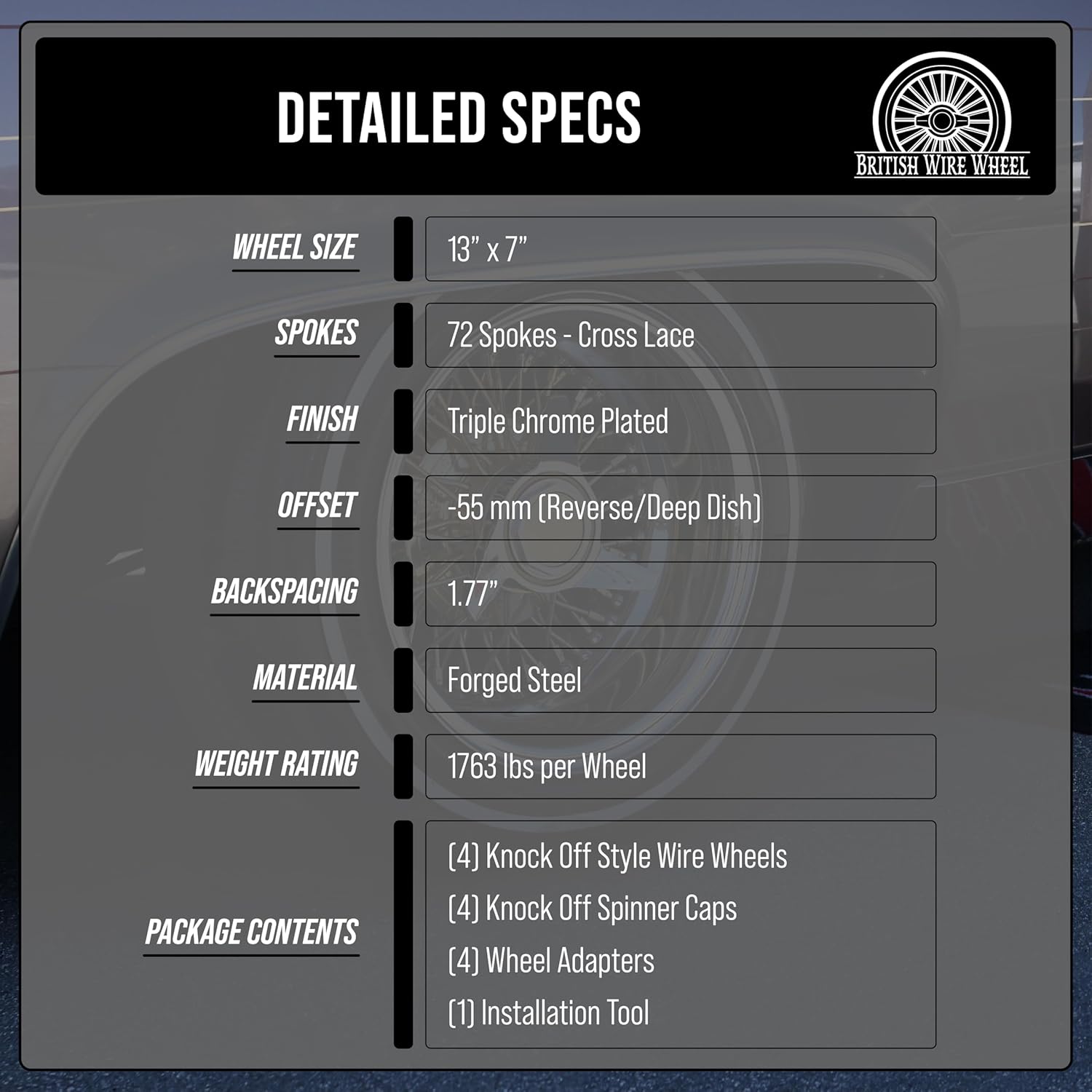 13x7 Reverse 72 Spoke Cross Lace Wire Wheels with 2 Ear Cut Knock Off Spinner Caps + Adapters 4x100, 4x4.25, 4x4.5 | Chrome Deep Dish Rims for Lowriders | Set of 4 + Lead Hammer