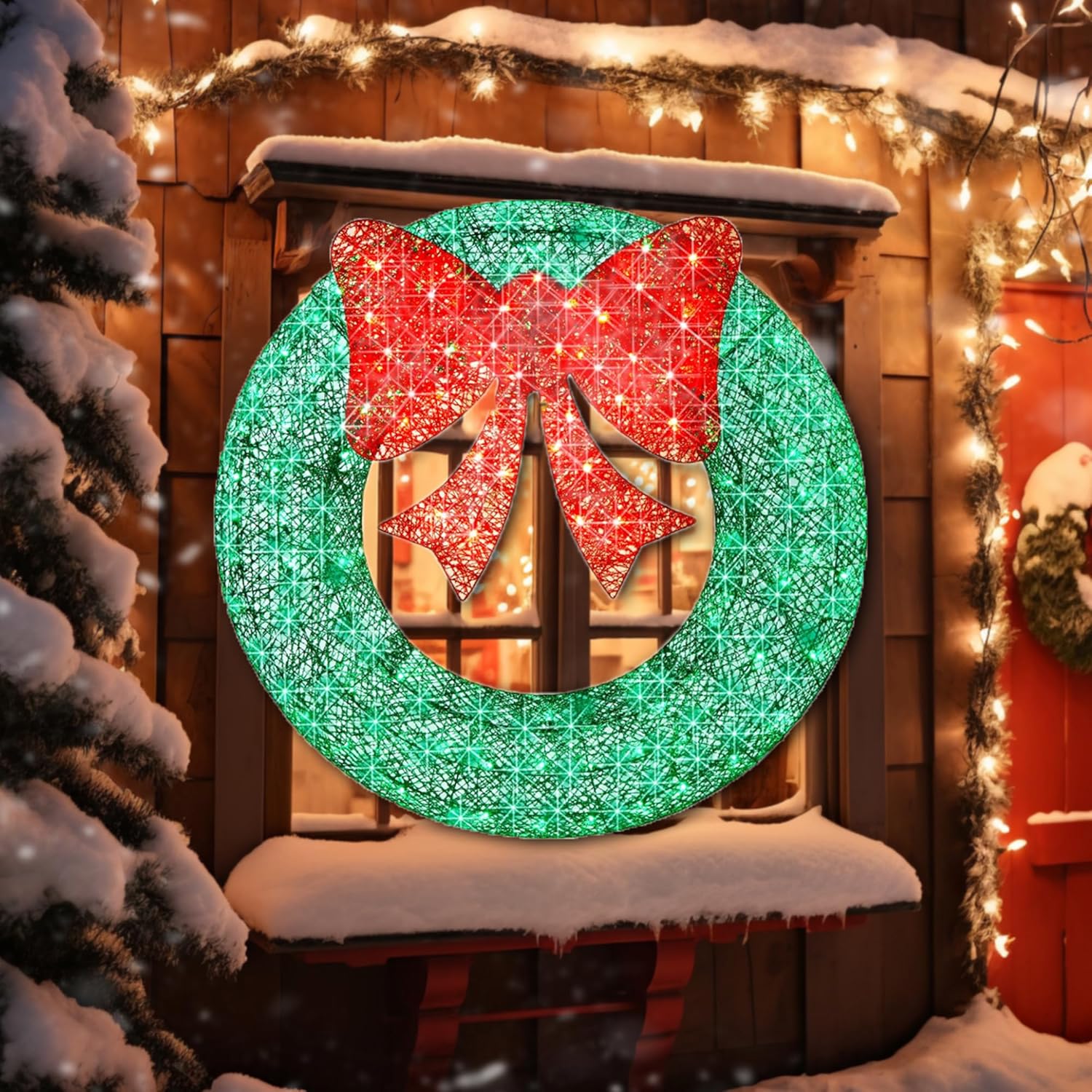 36in christmas wreath decorations outdoor - christmas yard decorations with 128 warm white led lights with bow, all weather green wreath for front doors, gardens, shopfronts.
