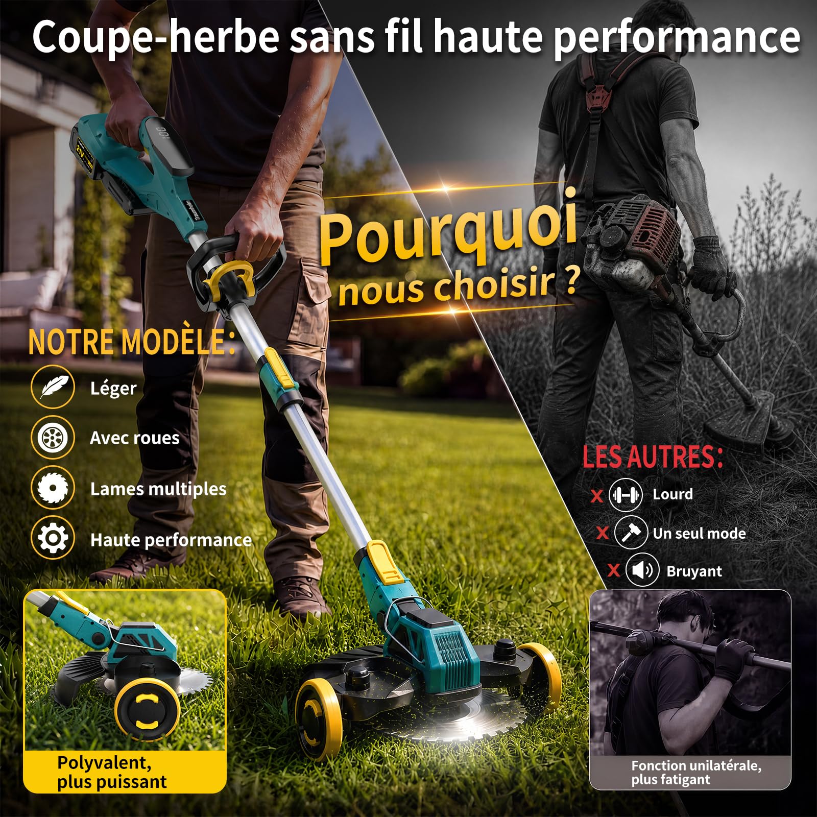 Coupe-Herbe sans Fil 21V, Compatible avec Batteries Makita, Débroussailleuse avec Brosse de désherbage, 2 Batteries 4.0Ah incluses, Moteur sans balais 900W pour pelouse, Jardin, Cour (Bleu)
