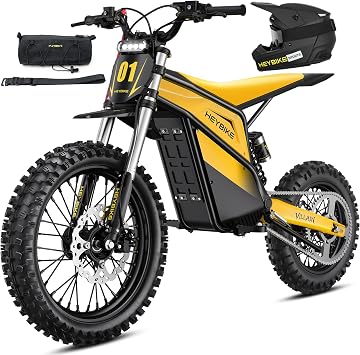Heybike Villain Electric Dirt Bike, 4160W E Dirt Bike with 52V 26AH Battery, 14"/12" Fat Tire Electric Motorcycle for Teens, Max 45MPH Ebike with Reversing FunctionButter Yellow+"M"