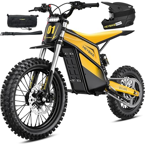 Heybike Villain Electric Dirt Bike, 4160W E Dirt Bike with 52V 26AH Battery, 14"/12" Fat Tire Electric Motorcycle for Teens, Max 45MPH Ebike with Reversing Function（Butter Yellow+"M" Helmet）