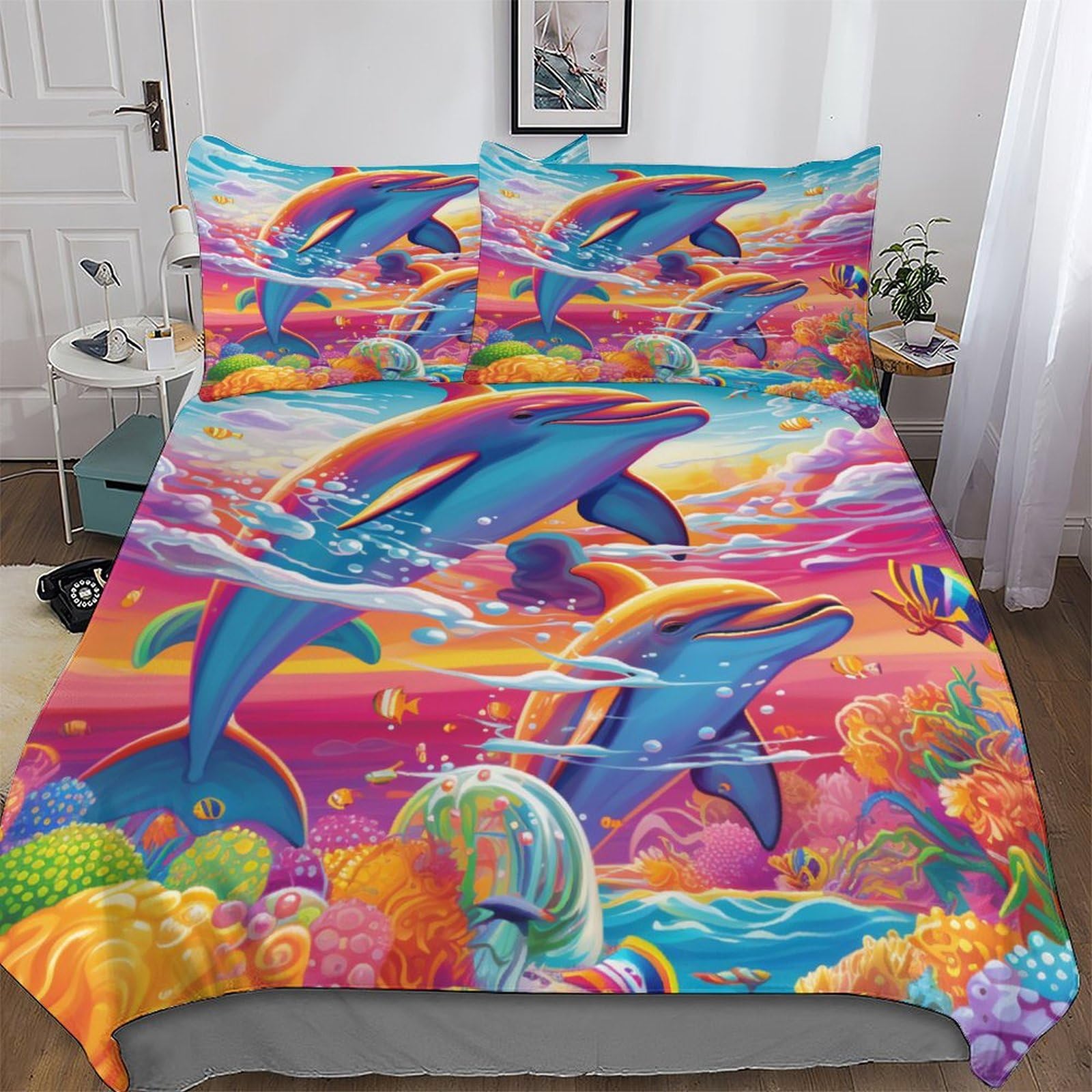 Housse de couette dauphin 220x240 cm parure de lit 3 pièces en microfibre douce avec taies