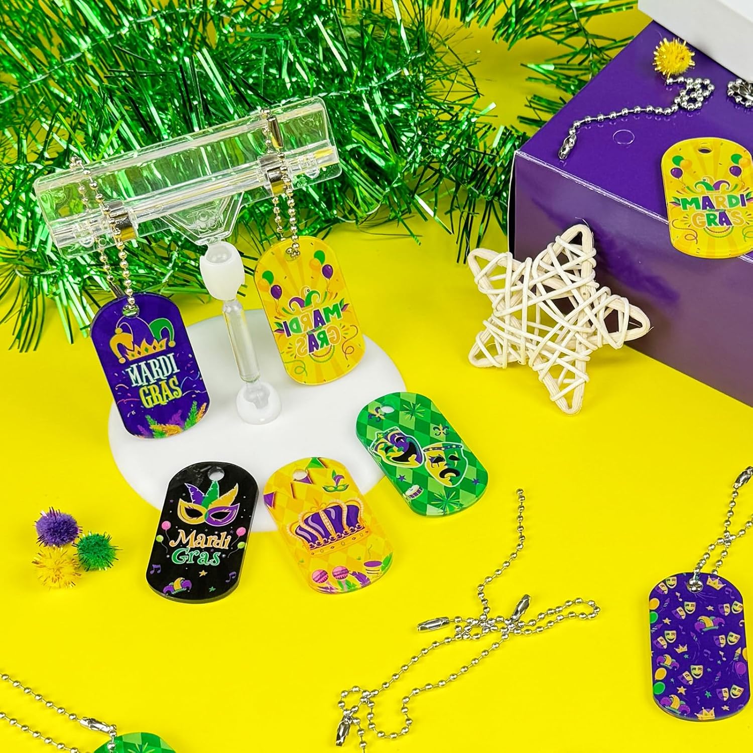 Cinrobiye 48Pcs Mardi Gras Dog Tag Necklaces Carnival Purple Green Yellow Dog Tag Beads Necklaces for Student Reward Gifts Mardi Gras parades Jewelry Costume Masquerade Birthday Party Decor Supplies - Image 4