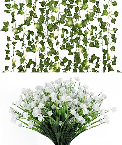 RECUTMS Ivy - Guirnalda de vides falsas de imitación de vegetación, plantas colgantes y 12 racimos de flores artificiales anti-UV para exteriores,