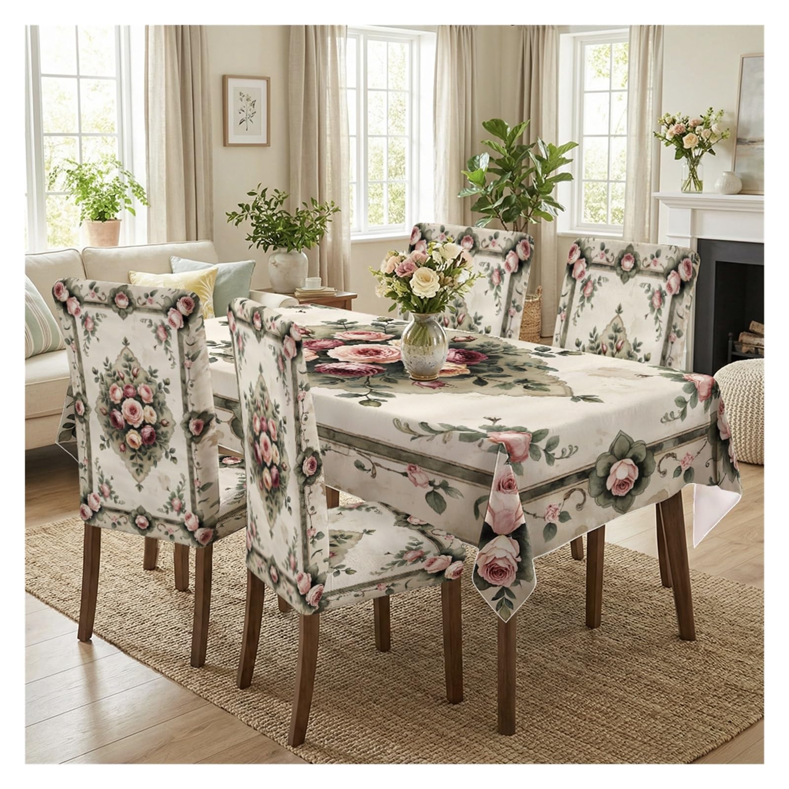 BOSUYBN Vintage Frame Pink Rose Floral Printed Dining Tablecloth & Chair Covers Set, 5/7 Piece Classic Victorian Cottage Home Decor Table Setting(5pcs Set: Tablecloth+Chair Covers)
