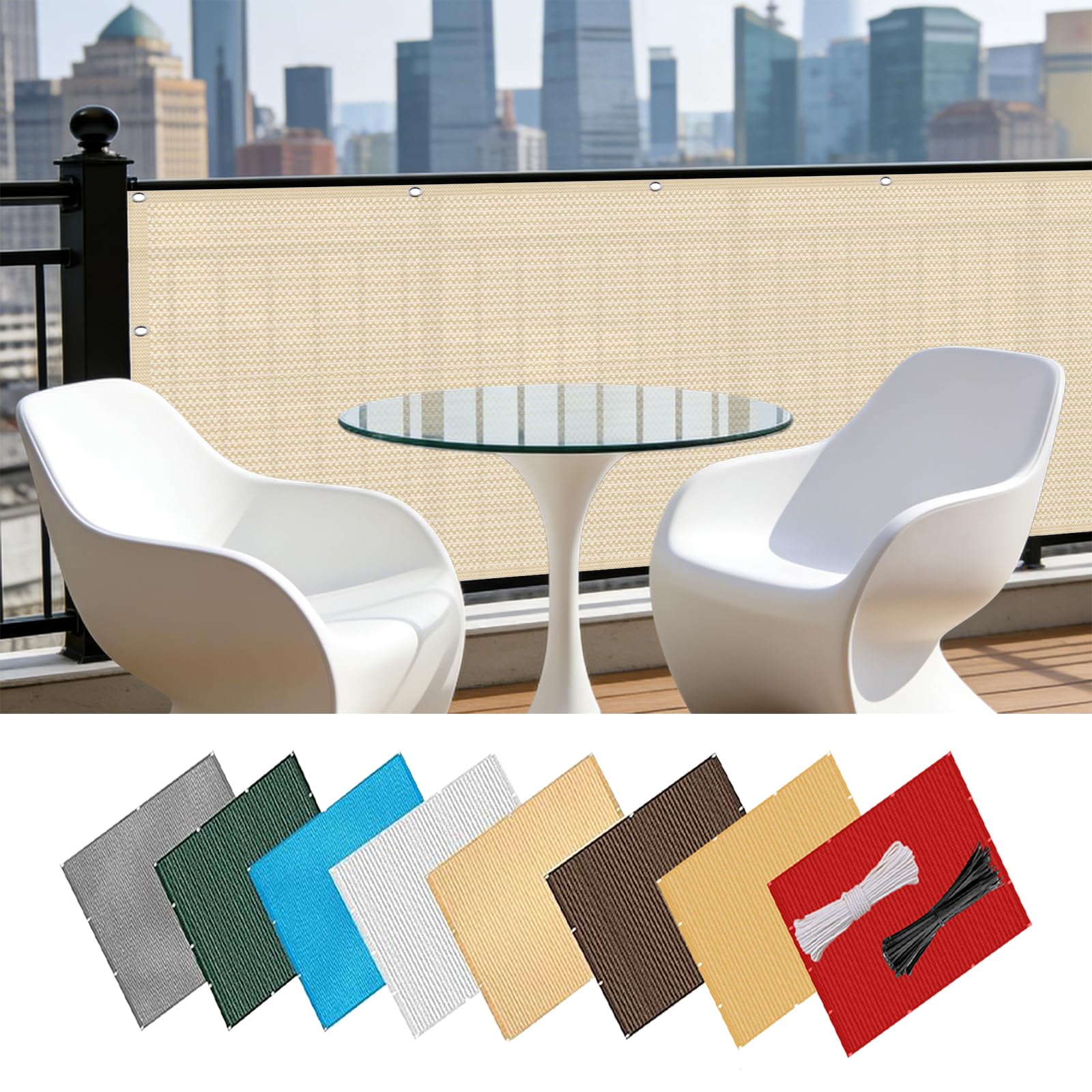 Copri Ringhiera Balcone 50 x 120 cm Ombreggiante, Protezione Solare e Traspirabilità, Recinzione Copri Ringhiera Balcone con Fascette e Funi per Giardino Terrazza, Color Crema