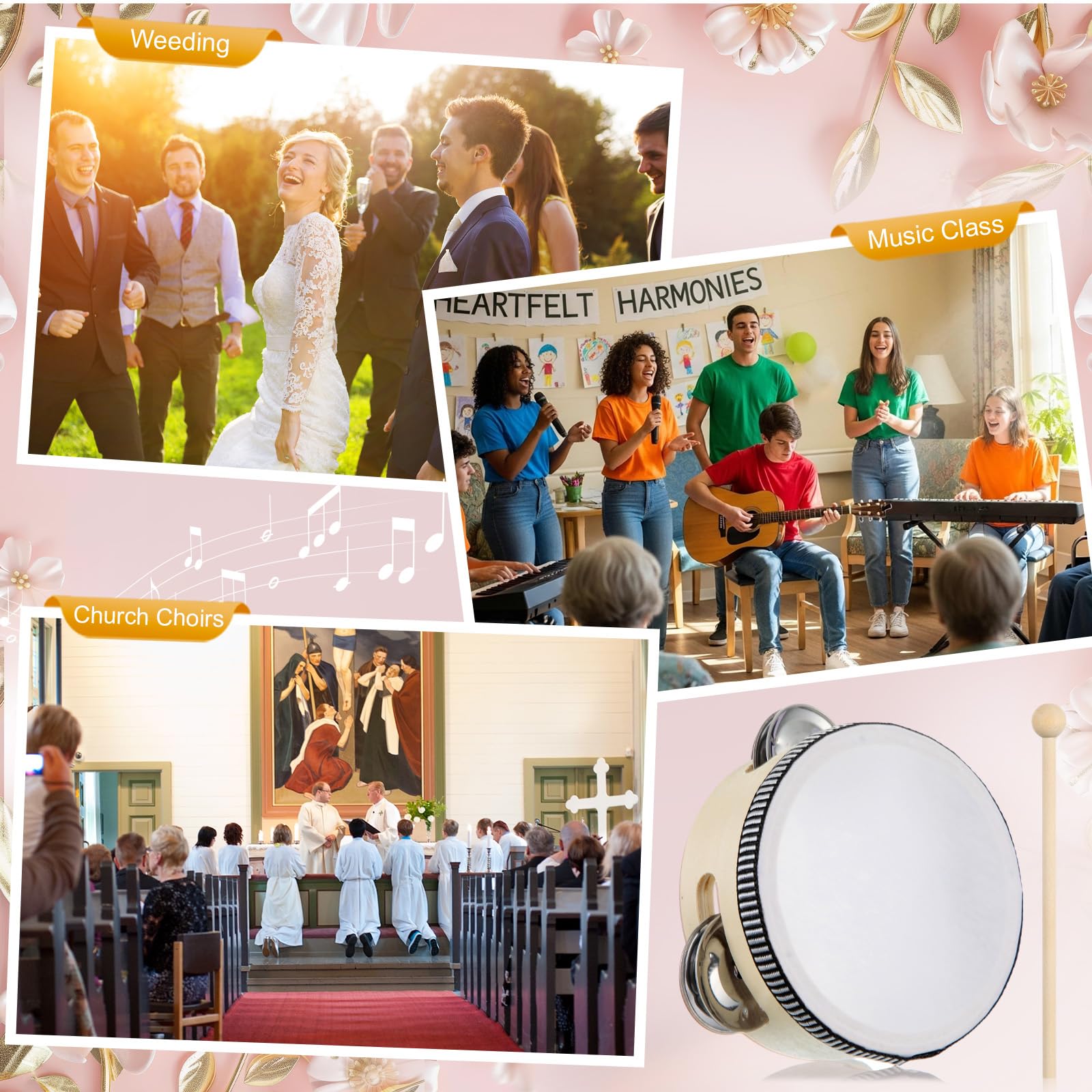 32 panderetas de 4 pulgadas con baquetas, tambor de mano de madera con cascabeles de metal, instrumento musical de percusión para iglesia, boda, fiesta, regalo, instrumento de tambor educativo