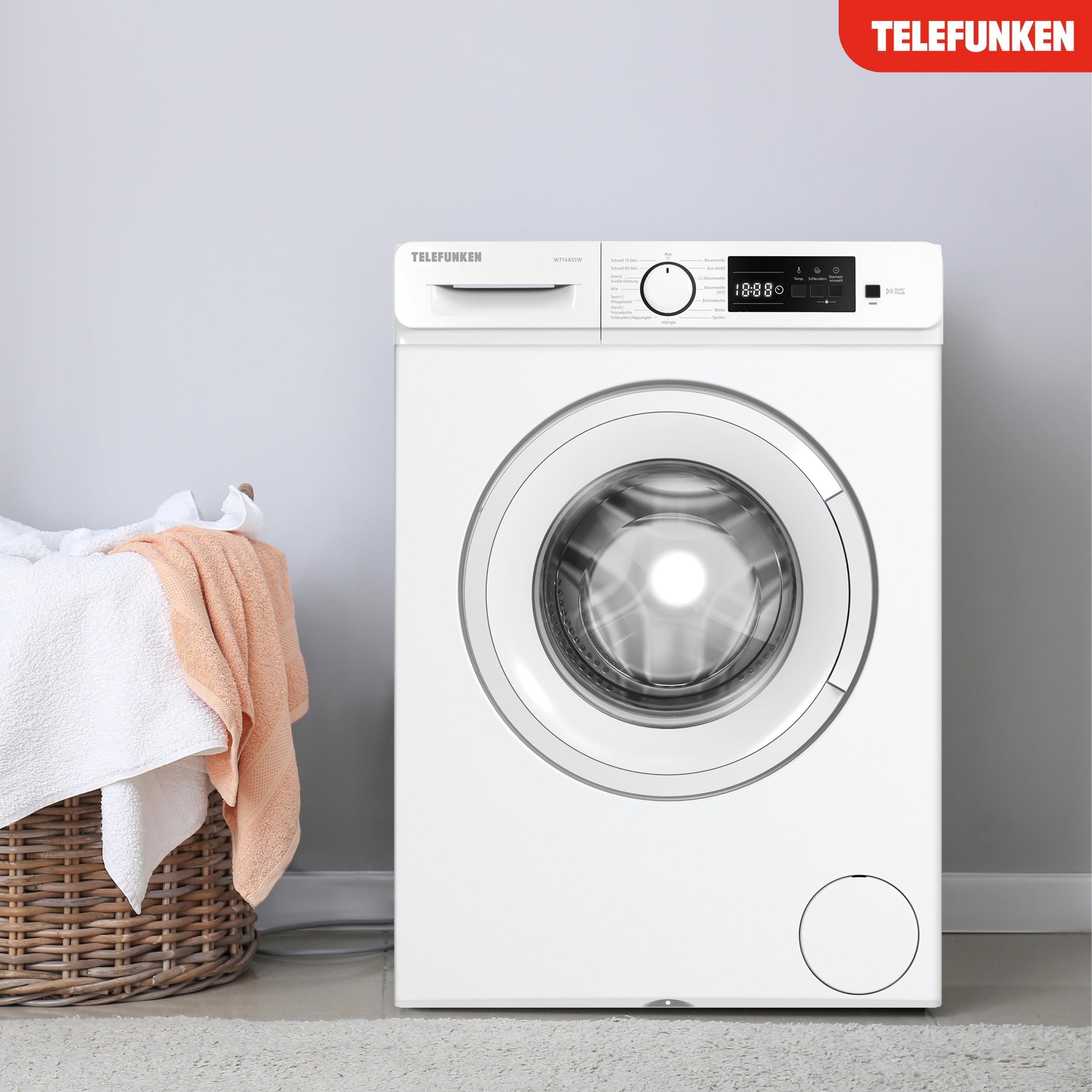 Telefunken Waschmaschine 7kg Frontlader 1400 U/Min Energieklasse A Inverter Motor AquaStop LED-Display weiß