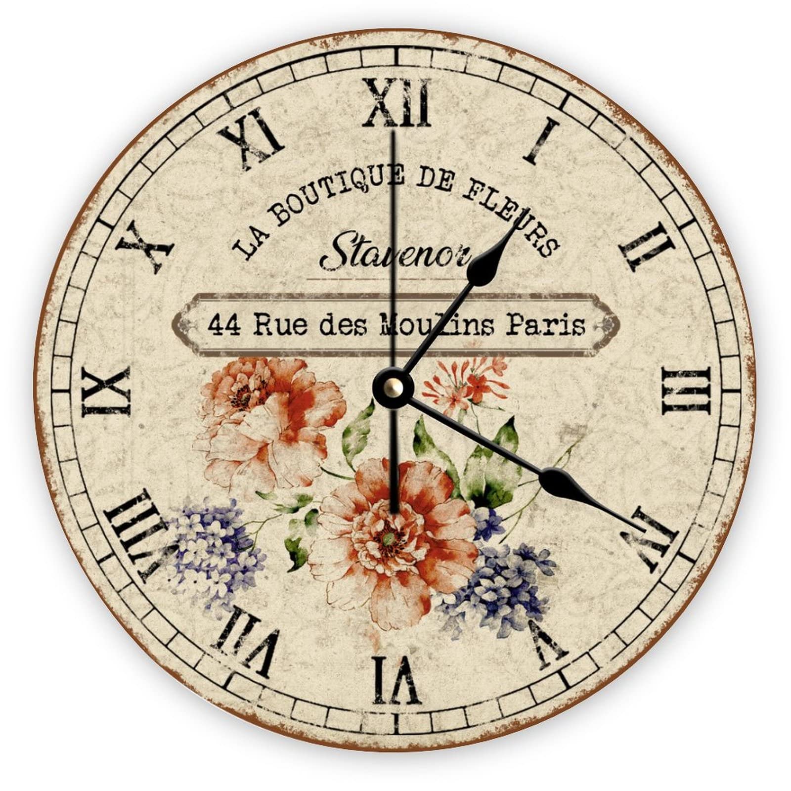 Horloge murale en bois vintage Mighun décor fleur 38x38 cm