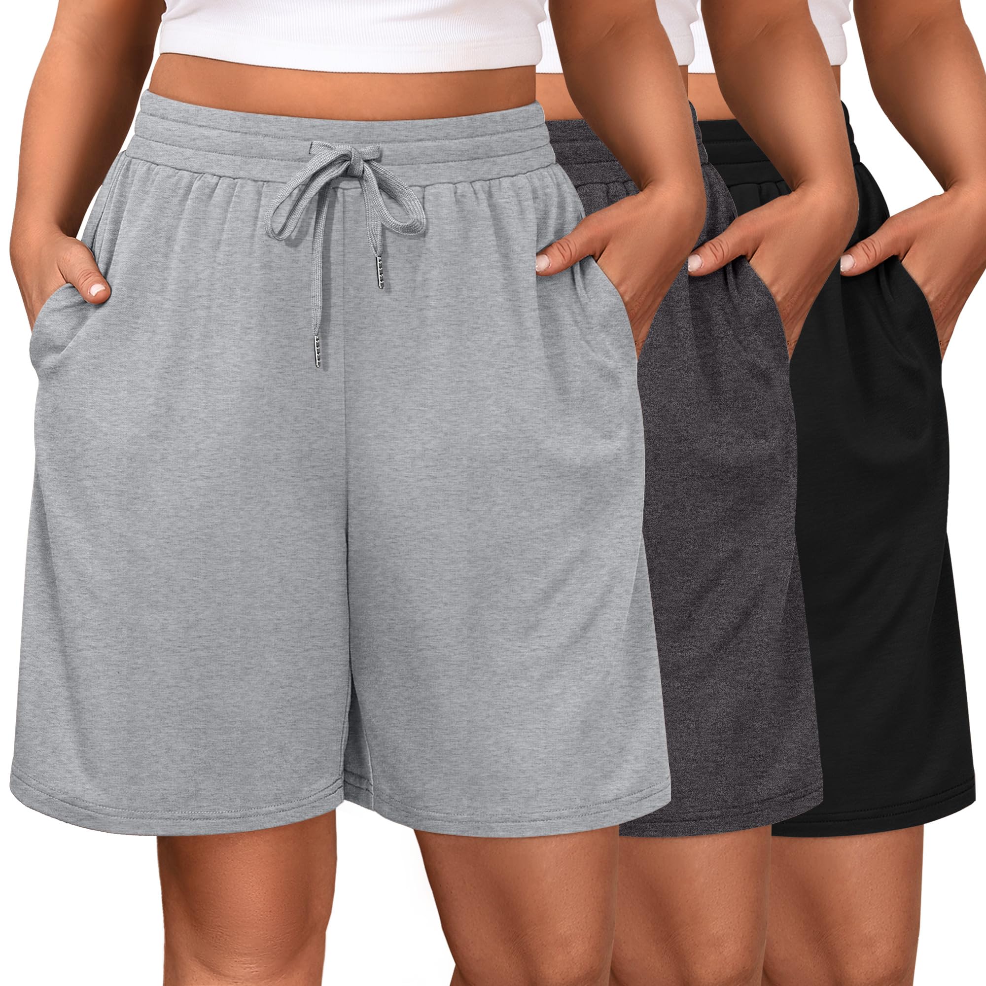Riyiper 3 Pack Women's Plus Size Shorts Drawstring Bermuda Shorts Casual Wide Leg Knee Length Shorts with Pockets
