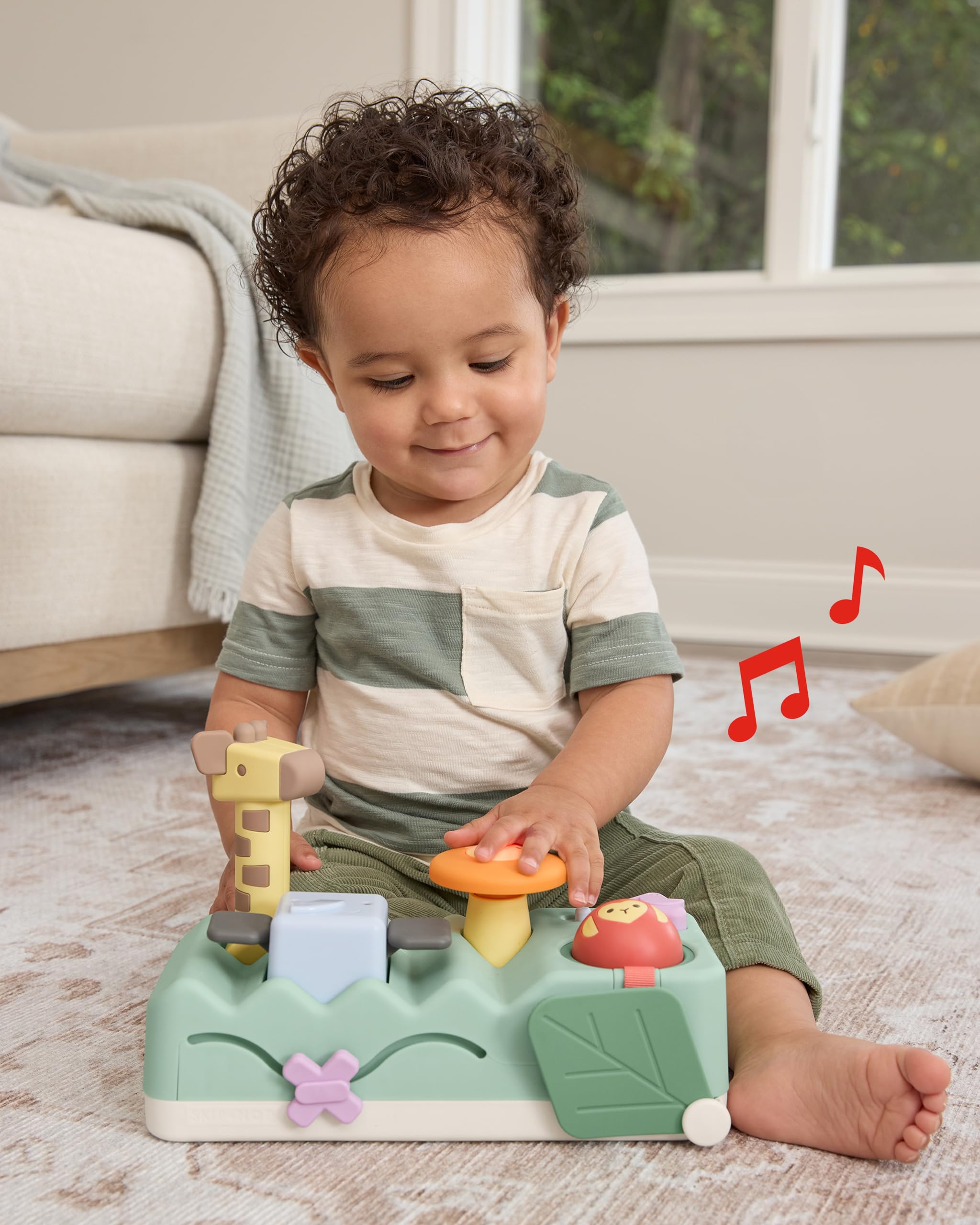 Skip Hop Tummy Time & Seated Play Cause & Effect Developmental Musical Baby Toy with 12 Animal Sounds, Lights, Music and 6 Activities, Geometric Wonders 2-in-1 Pounding Bench, Age 3m+ - 2