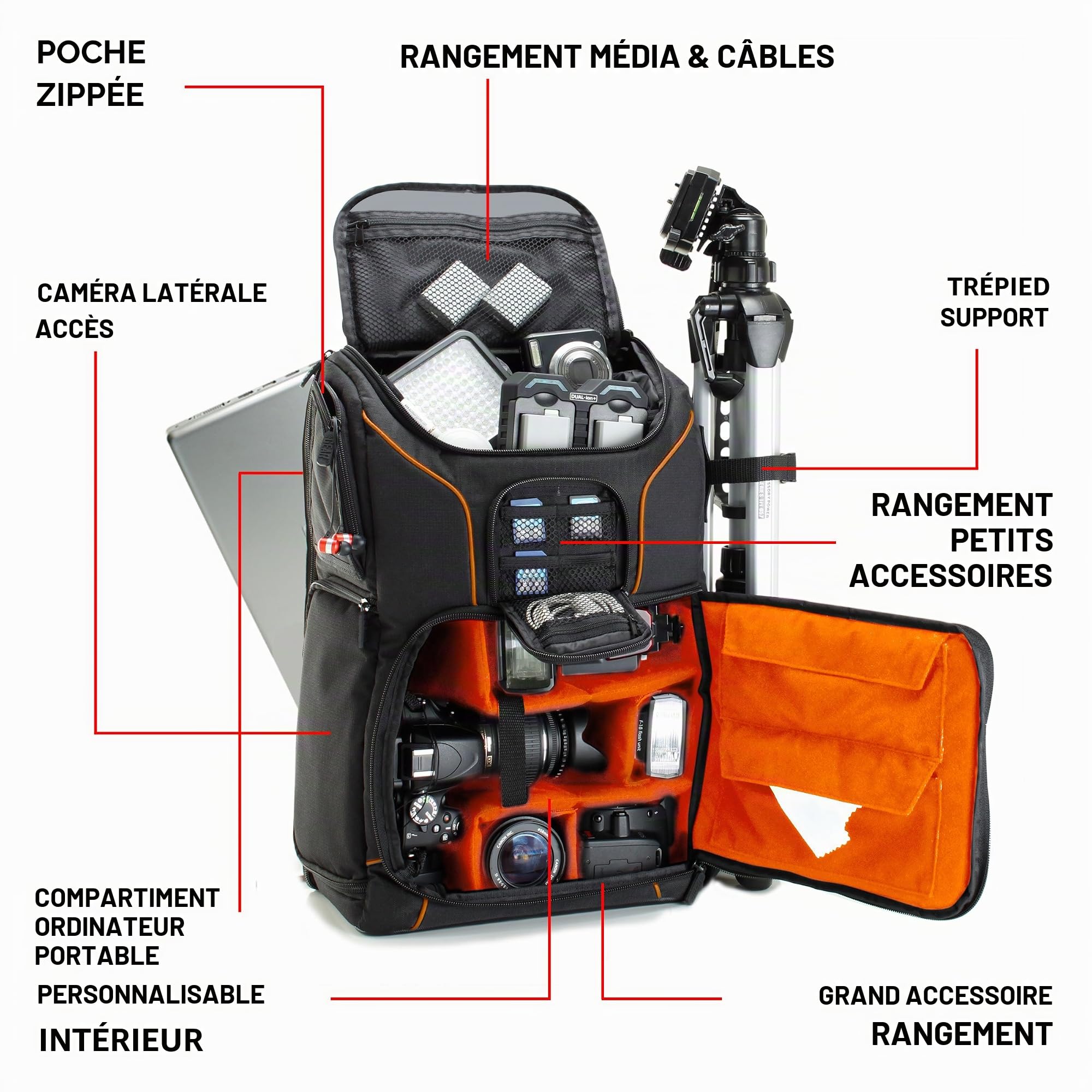 USA Gear Sac à Dos Appareil Photo Réflex Numérique avec Support Trépied, Compartiment Ordinateur Portable et Rangements Accessoires - Sac Photo Compatible avec Canon, Nikon, Pentax et Plus - Orange