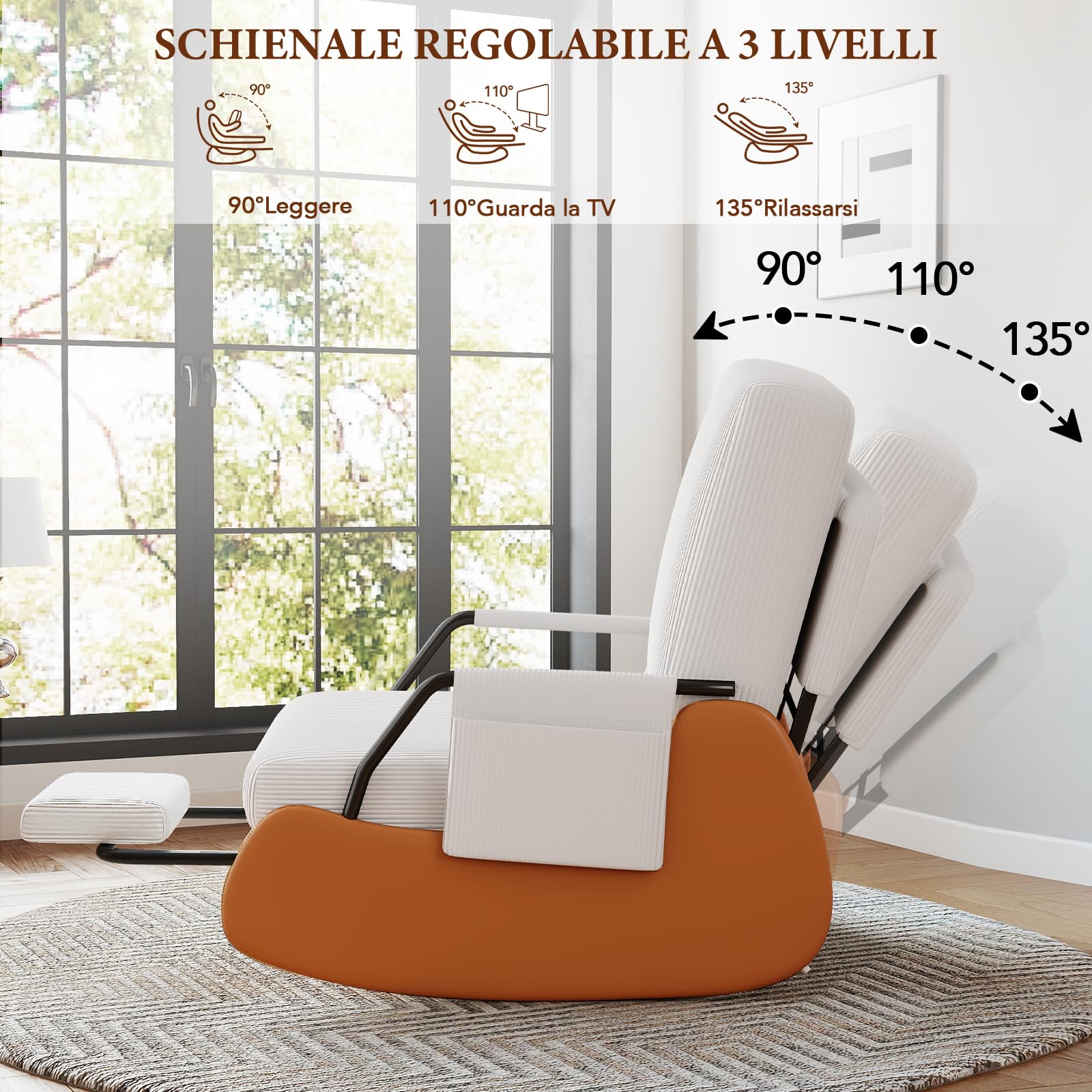 Sedia a Dondolo con Poggiapiedi, Poltrona a Dondolo con Schienale Regolabile, Ampia Poltrona Relax Imbottita con Tasche Laterali per Soggiorno e Camera da Letto, Bianco