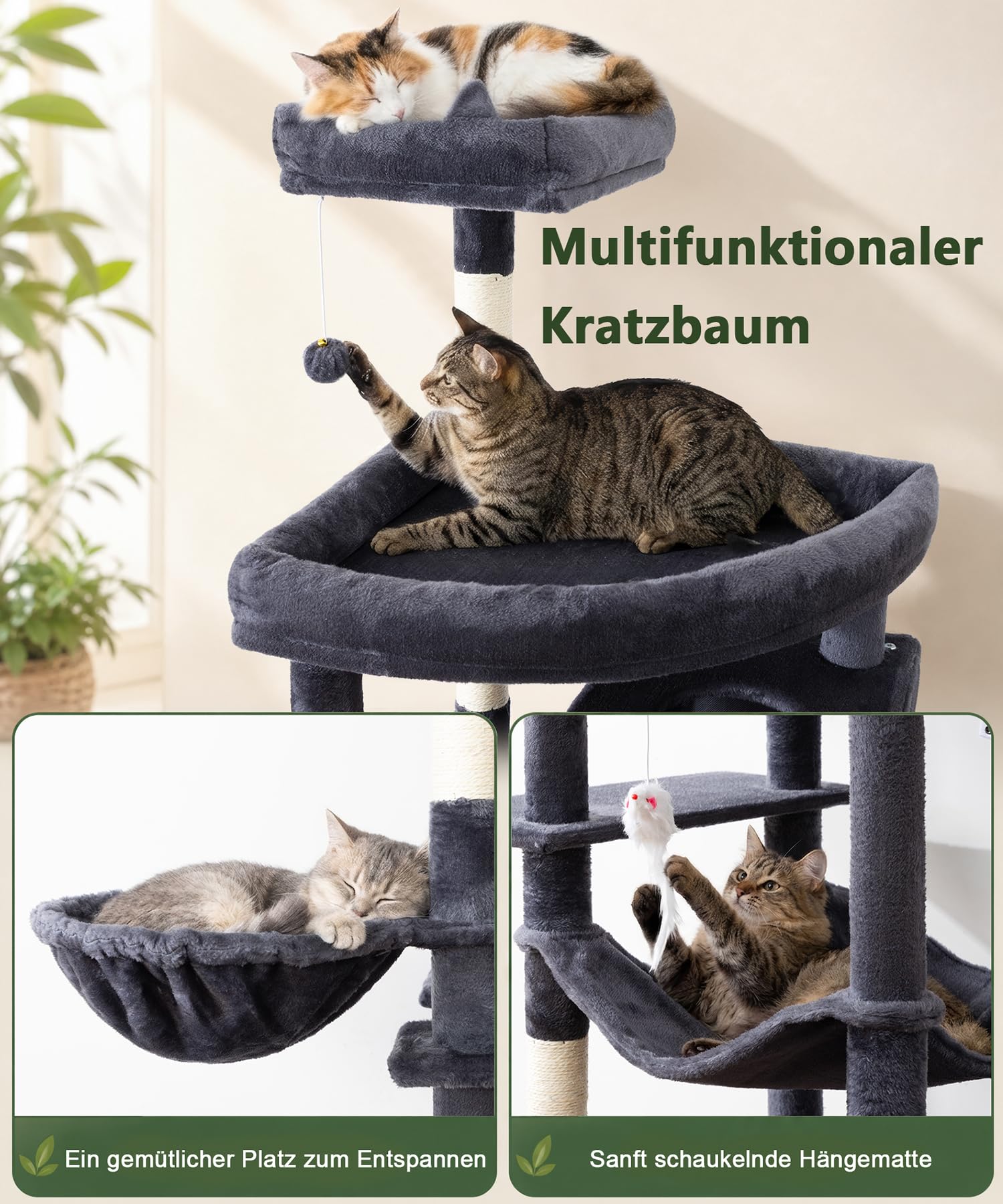 Albero per gatti, torre per gatti di grandi dimensioni, 213 cm, torre per gatti di grandi dimensioni, torre per gatti da interni, con 11 pali tiragraffi in sisal, 2 spaziosi condomini, amaca